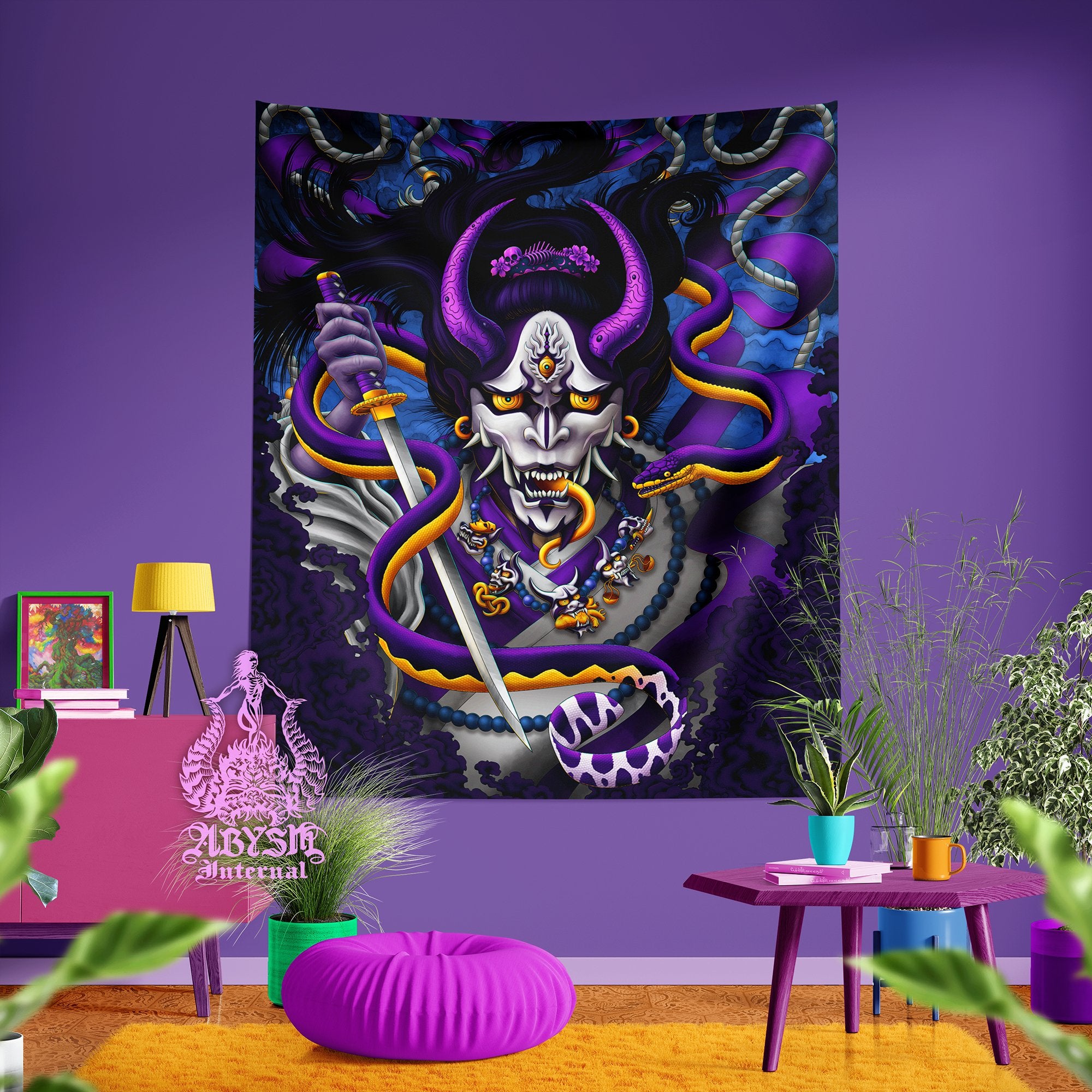 Demon and Snake Tapestry, Japanese Hannya Wall Hanging, Manga, Anime and Gamer Room Decor, Vertical Art Print - Blue Purple - Abysm Internal
