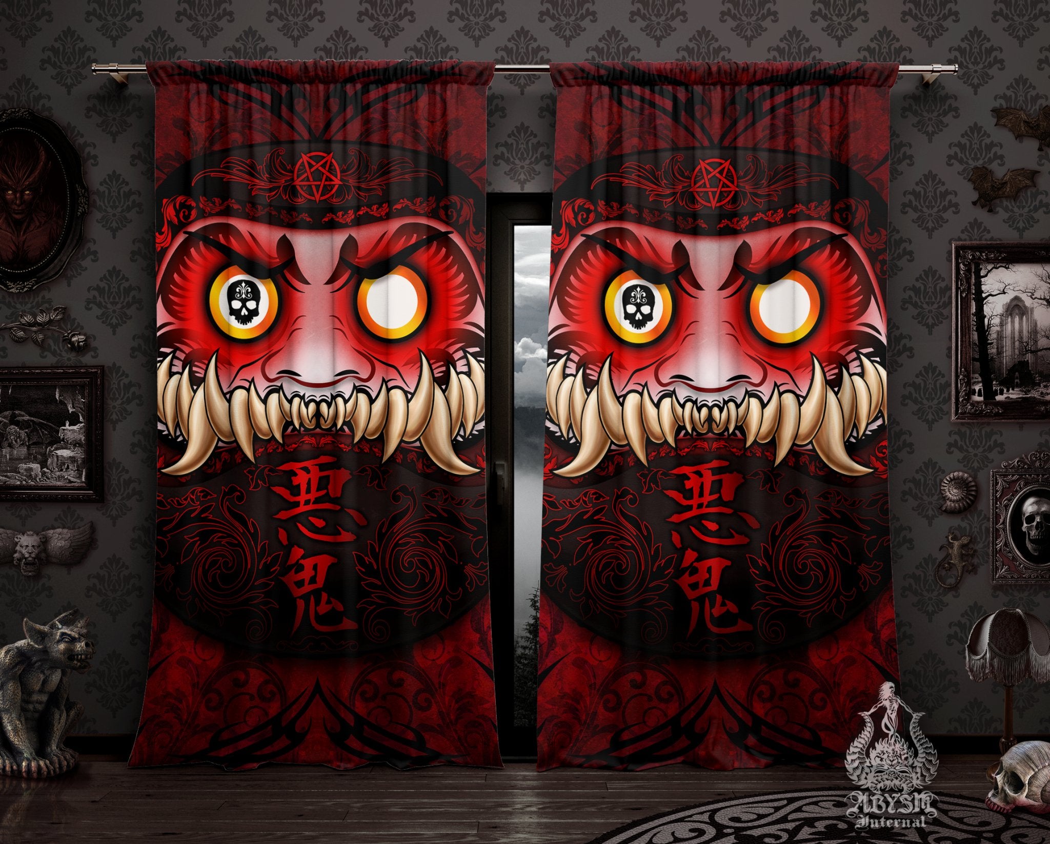 Demon Daruma Curtains, 50x84' Printed Window Panels, Funny Anime Decor, Art Print - Monster - Abysm Internal