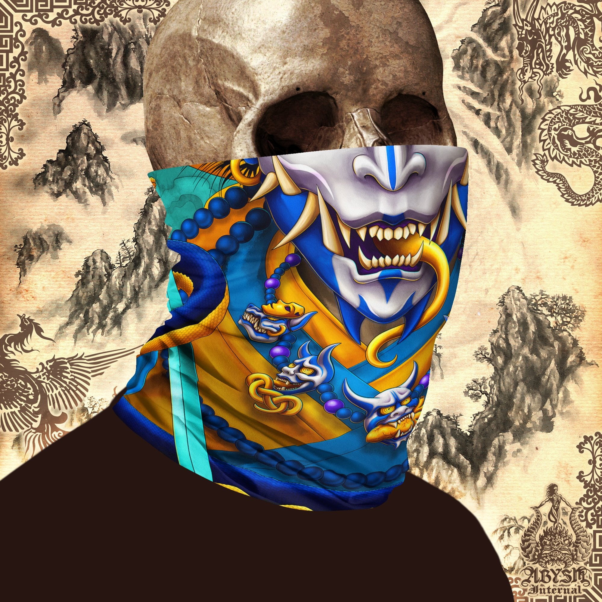 Demon Neck Gaiter, Oni Face Mask, Japanese Hannya Printed Head Covering, Cyclist Street Outfit, Snake, Fangs, Headband - Cyan Gold - Abysm Internal