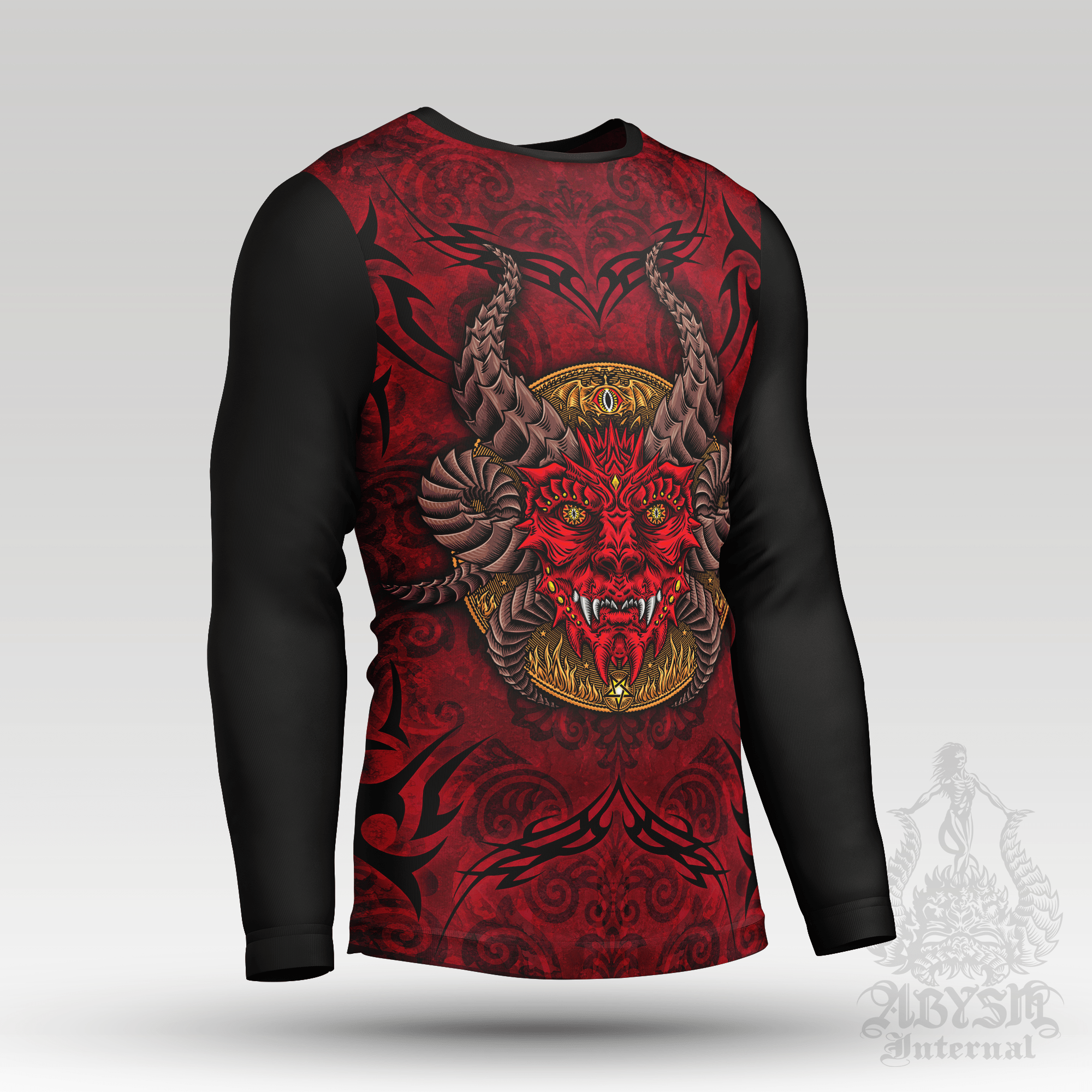 Devil Eyes Rash Guard - Gothic Long Sleeve Surf Shirt, Satanic Sports Top | Dark Fantasy Art UV Protection Activewear for Men and Women - 2 Colors - Abysm Internal