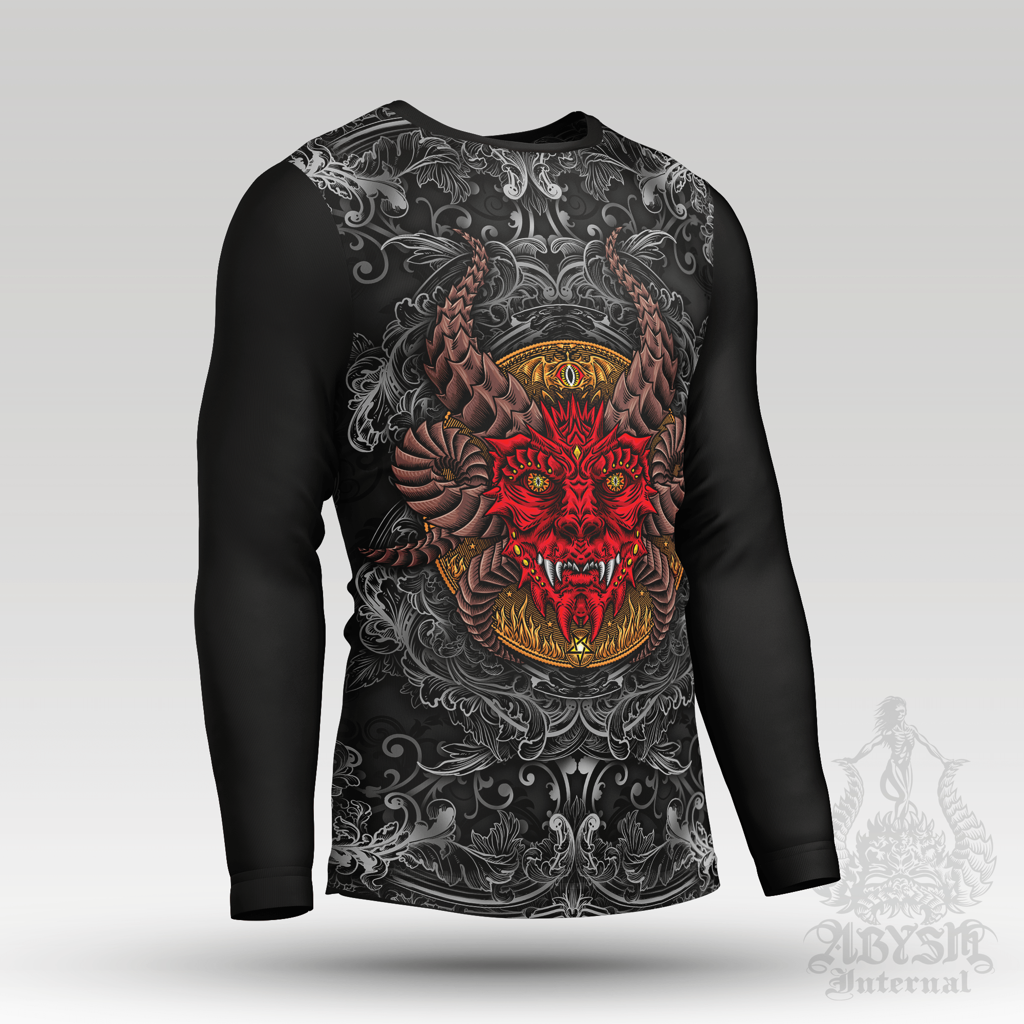 Devil Eyes Rash Guard - Gothic Long Sleeve Surf Shirt, Satanic Sports Top | Dark Fantasy Art UV Protection Activewear for Men and Women - 2 Colors - Abysm Internal