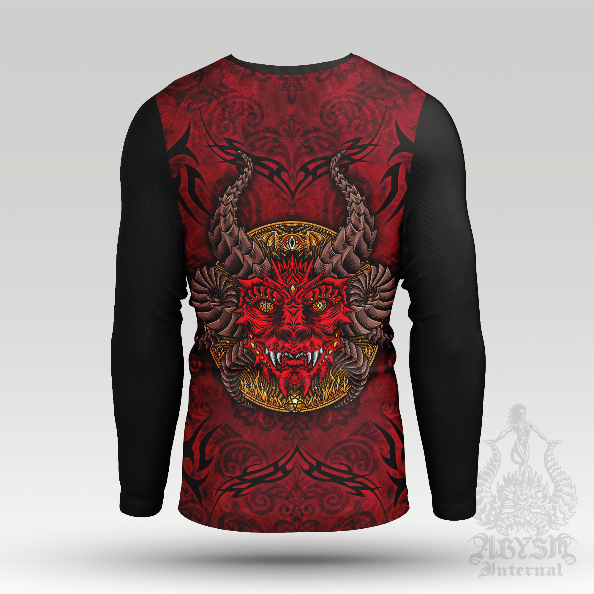 Devil Eyes Rash Guard - Gothic Long Sleeve Surf Shirt, Satanic Sports Top | Dark Fantasy Art UV Protection Activewear for Men and Women - 2 Colors - Abysm Internal