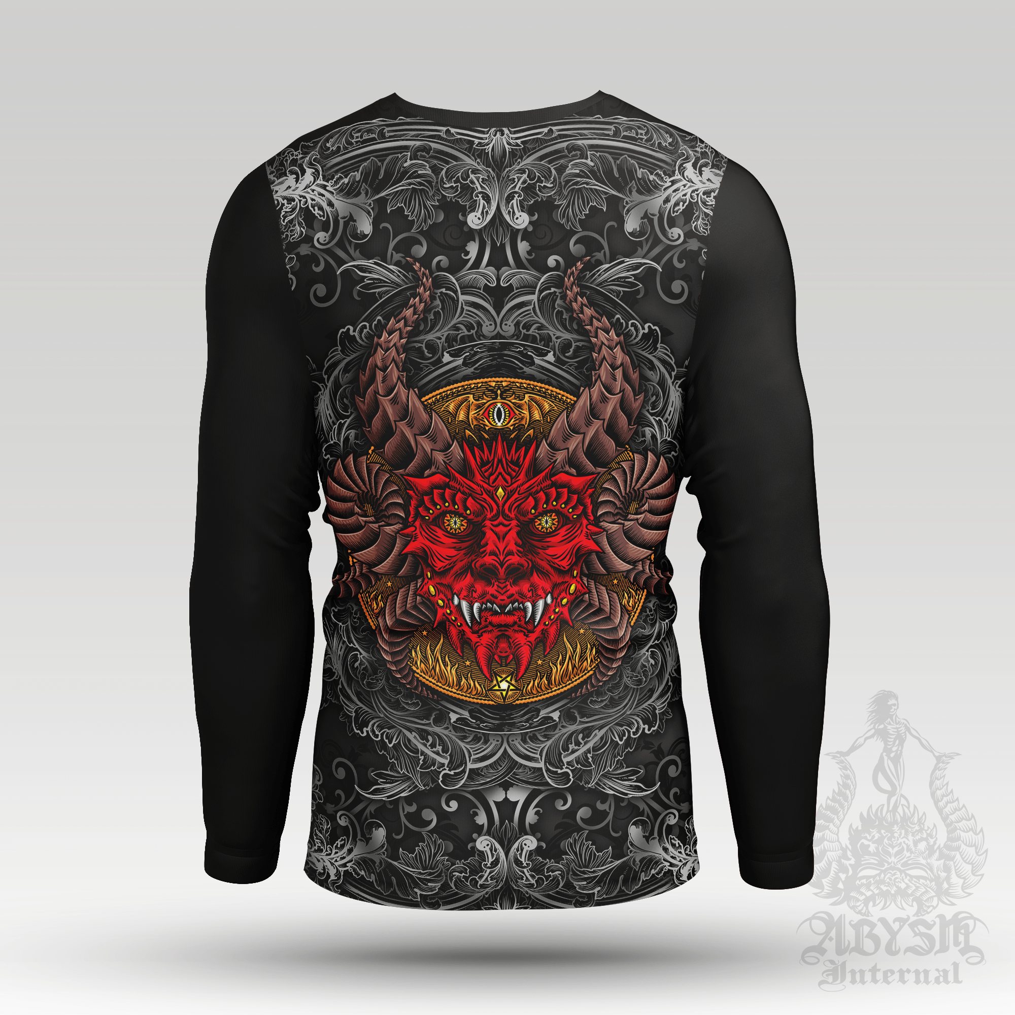 Devil Eyes Rash Guard - Gothic Long Sleeve Surf Shirt, Satanic Sports Top | Dark Fantasy Art UV Protection Activewear for Men and Women - 2 Colors - Abysm Internal