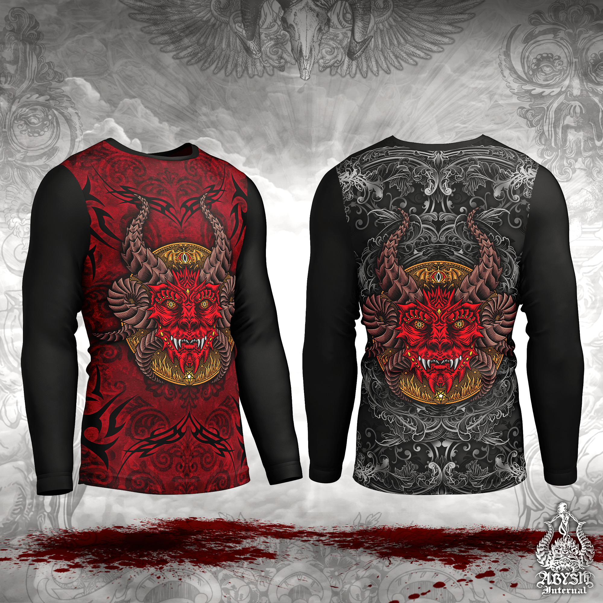 Devil Eyes Rash Guard - Gothic Long Sleeve Surf Shirt, Satanic Sports Top | Dark Fantasy Art UV Protection Activewear for Men and Women - 2 Colors - Abysm Internal