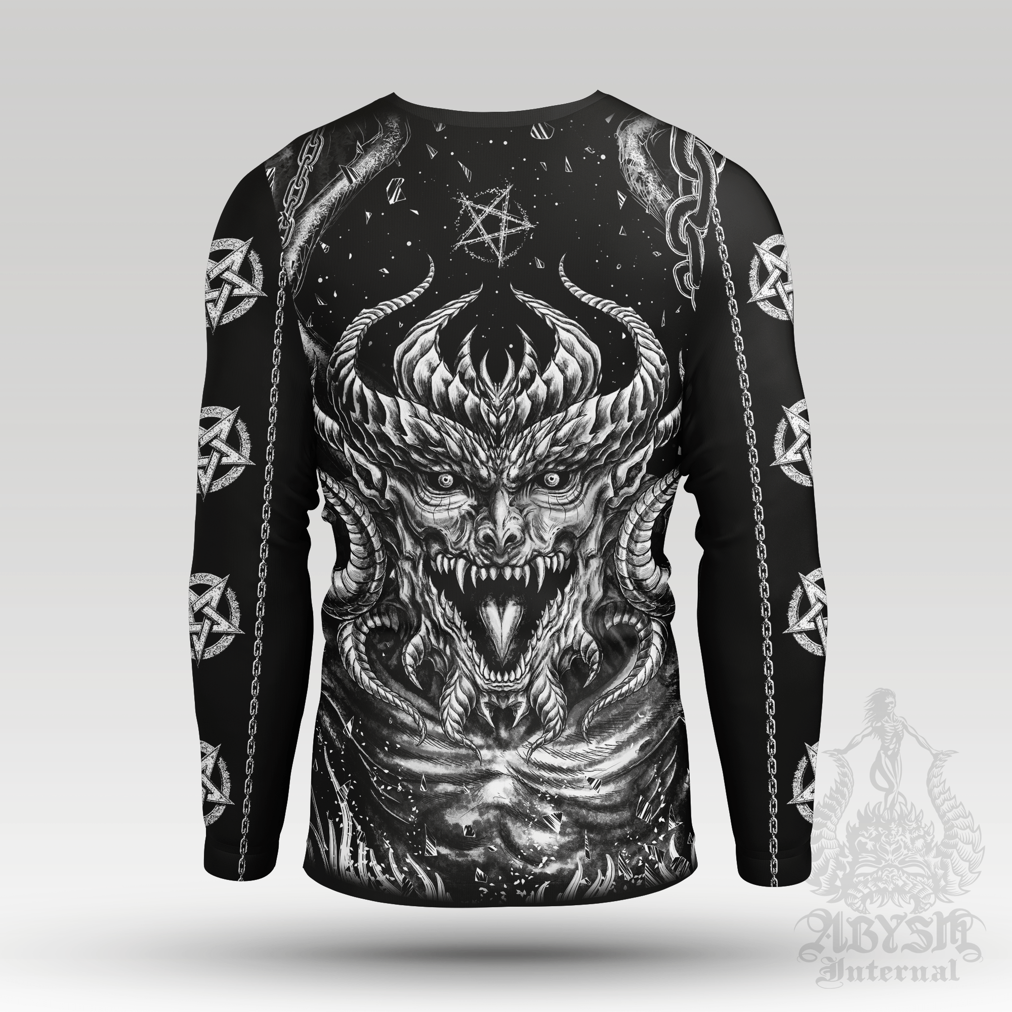 Devil Rash Guard - Goth Hell Long Sleeve Surf Shirt, Satanic Sports Top | Gothic and Occult Art UV Protection Activewear for Men and Women - Abysm Internal