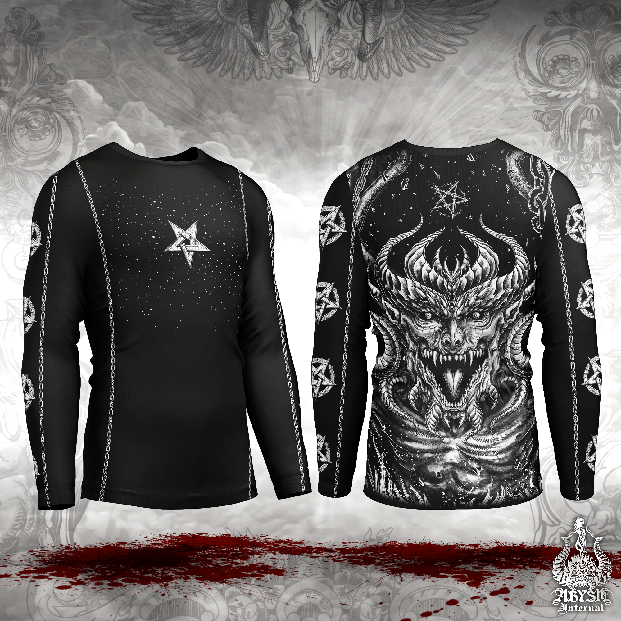 Devil Rash Guard - Goth Hell Long Sleeve Surf Shirt, Satanic Sports Top | Gothic and Occult Art UV Protection Activewear for Men and Women - Abysm Internal