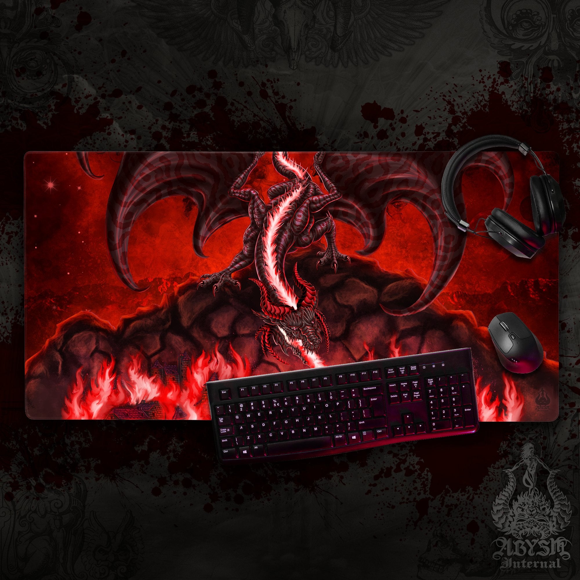 Dragon Gaming Desk Mat, Fantasy Art Mouse Pad, Red and Black Table Protector Cover, RPG Workpad, DM Gift Print - Fire - Abysm Internal
