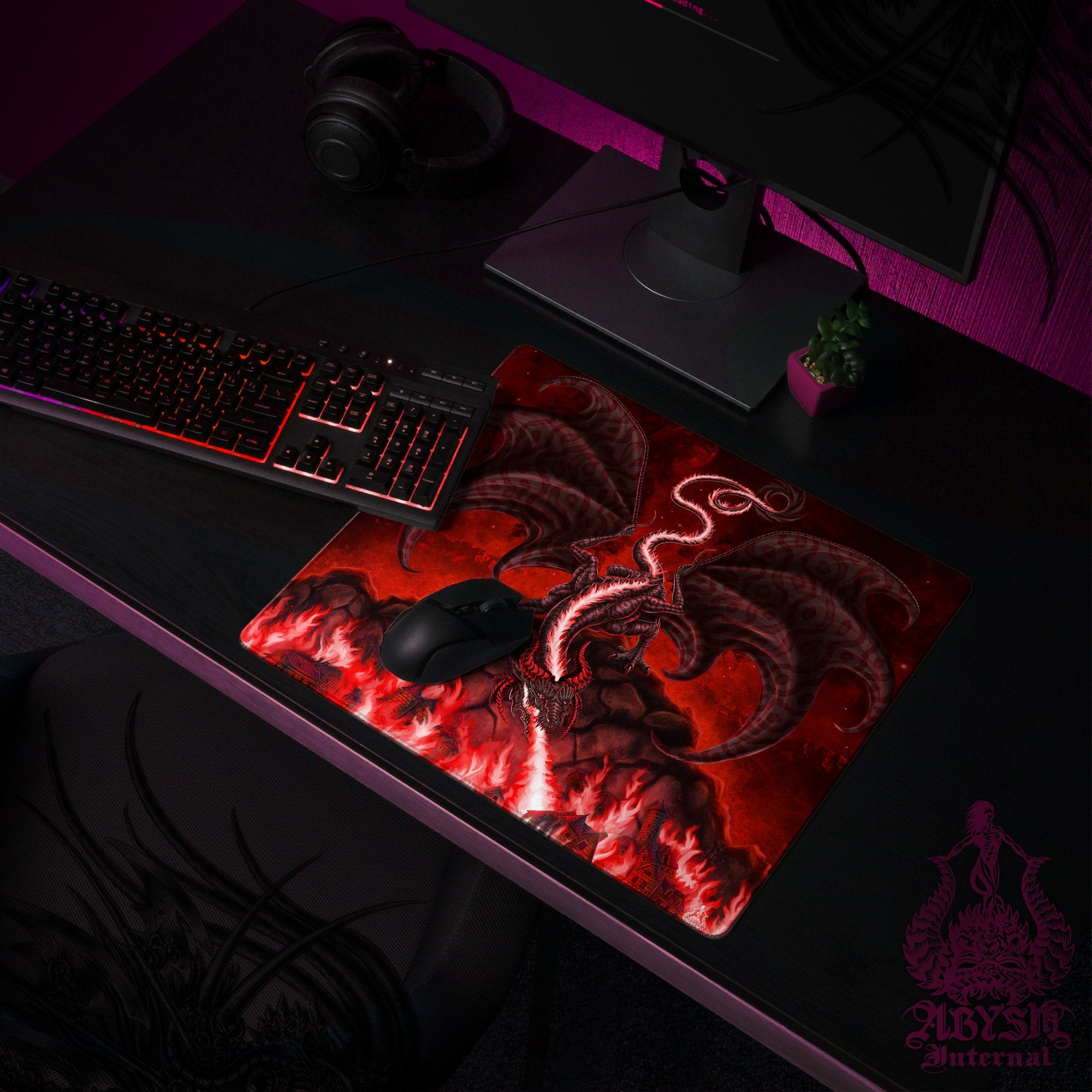 Dragon Gaming Desk Mat, Fantasy Art Mouse Pad, Red and Black Table Protector Cover, RPG Workpad, DM Gift Print - Fire - Abysm Internal