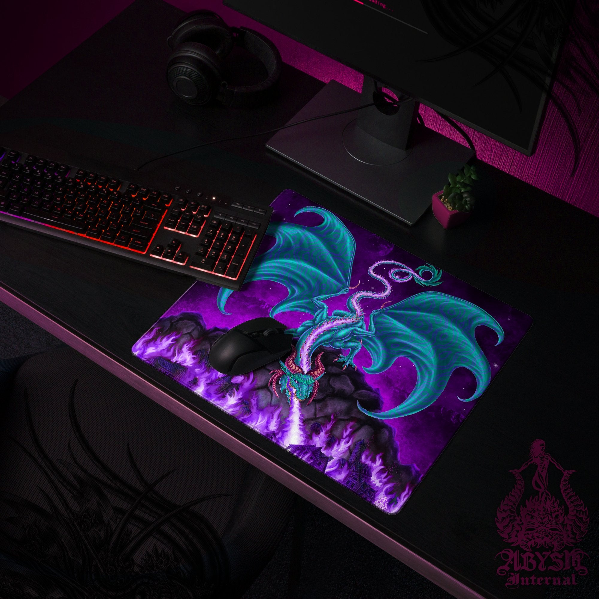 Dragon Gaming Mouse Pad, Fantasy Art Desk Mat, Veal and Purple Table Protector Cover, RPG Workpad, DM Gift Print - Fire - Abysm Internal