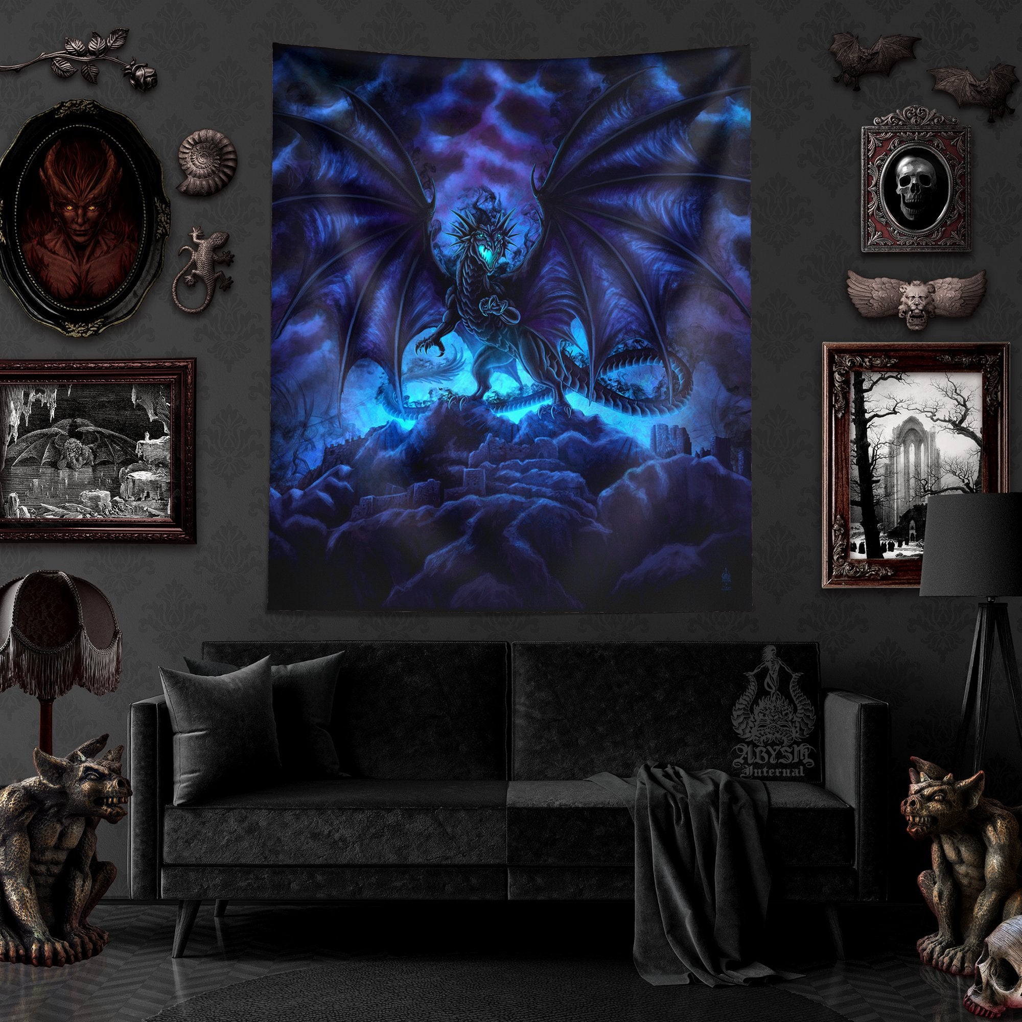 Dragon Tapestry, Fantasy Art Wall Hanging, Gamer Home Decor, Vertical Art Print - Shadow - Abysm Internal