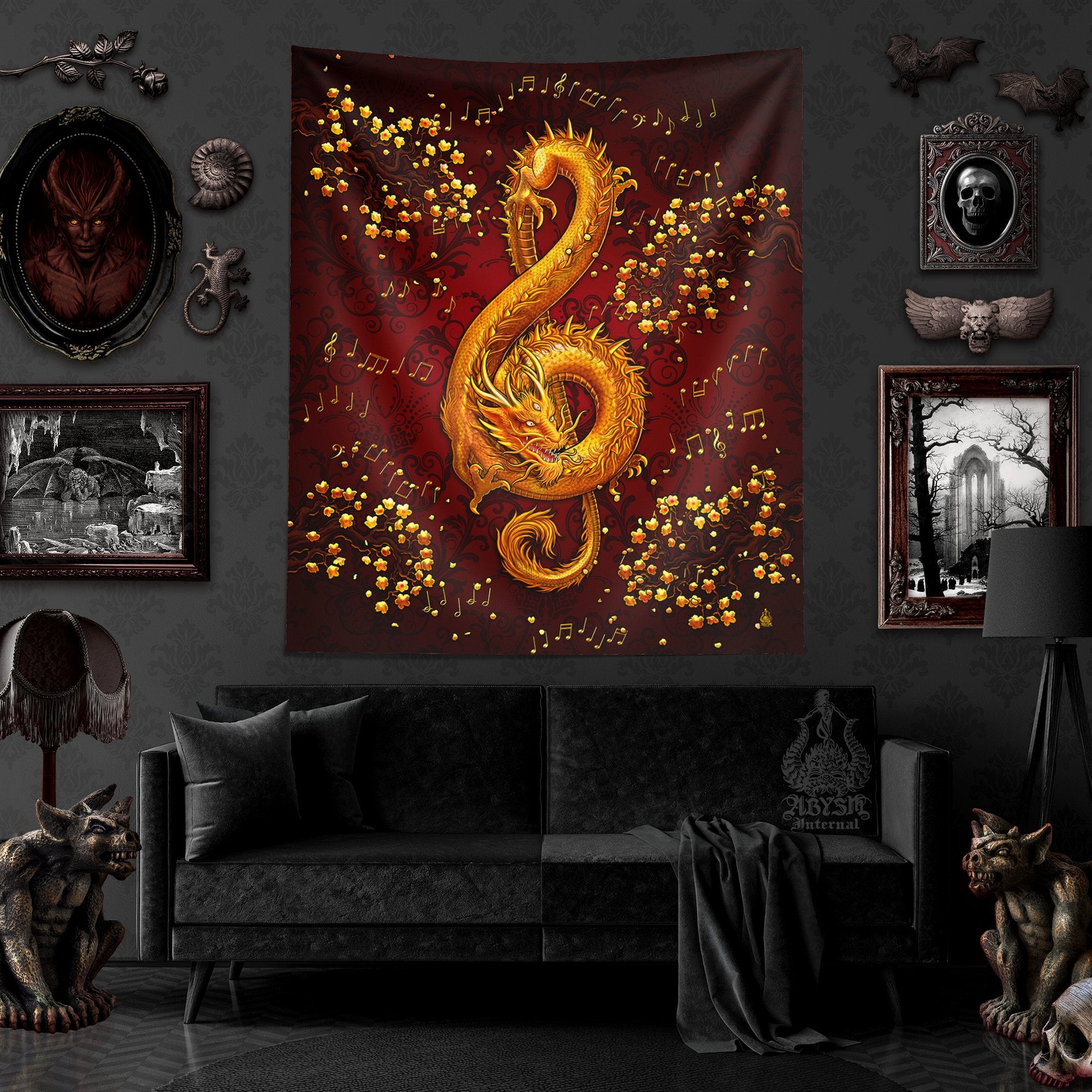 Dragon Tapestry, Music Wall Hanging, Eclectic Home Decor, Vertical Art Print - Gold Red, Treble Clef - Abysm Internal