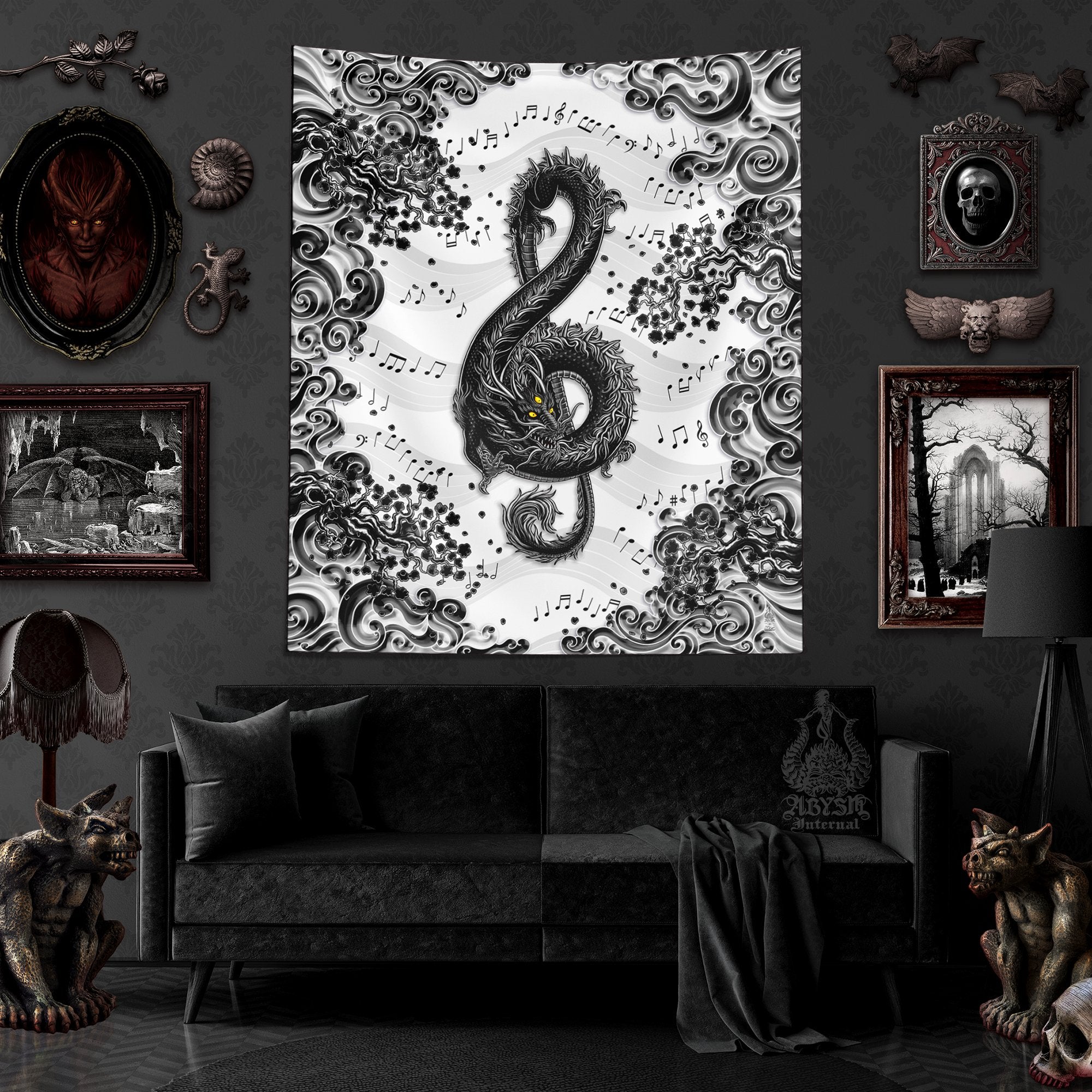 Dragon Tapestry, Music Wall Hanging, Gothic Home Decor, Vertical Art Print - White Goth, Treble Clef - Abysm Internal