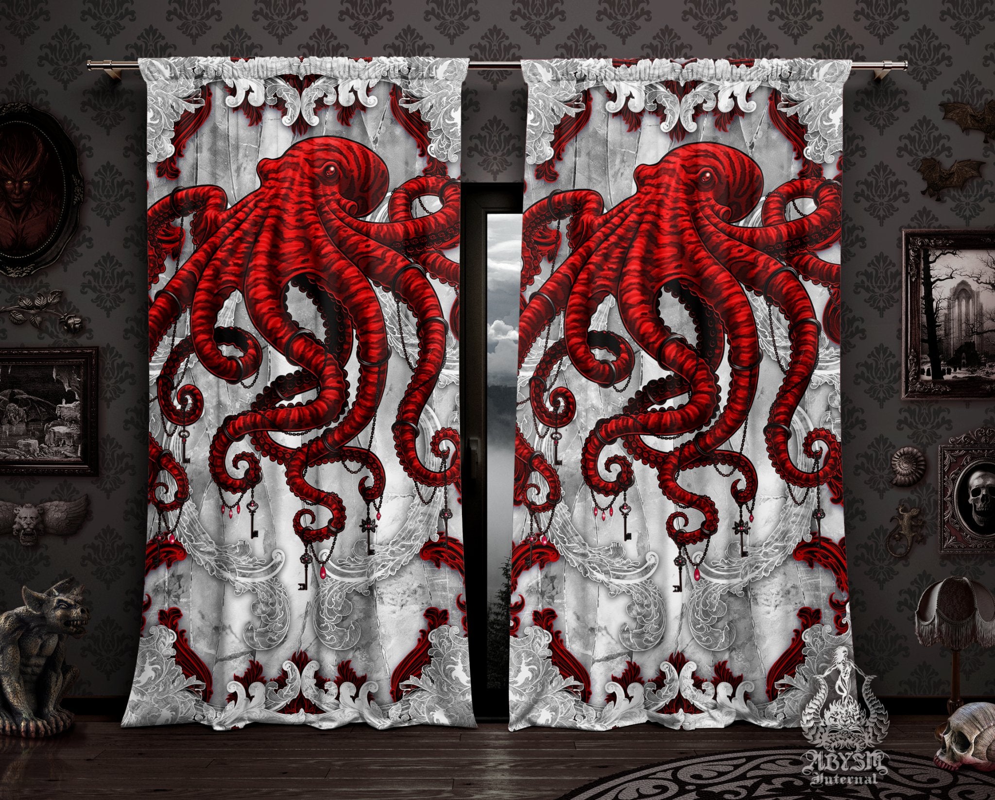 Fantasy Curtains, 50x84' Printed Window Panels, Octopus Art Print, Gothic Home Decor - Bloody White Goth - Abysm Internal