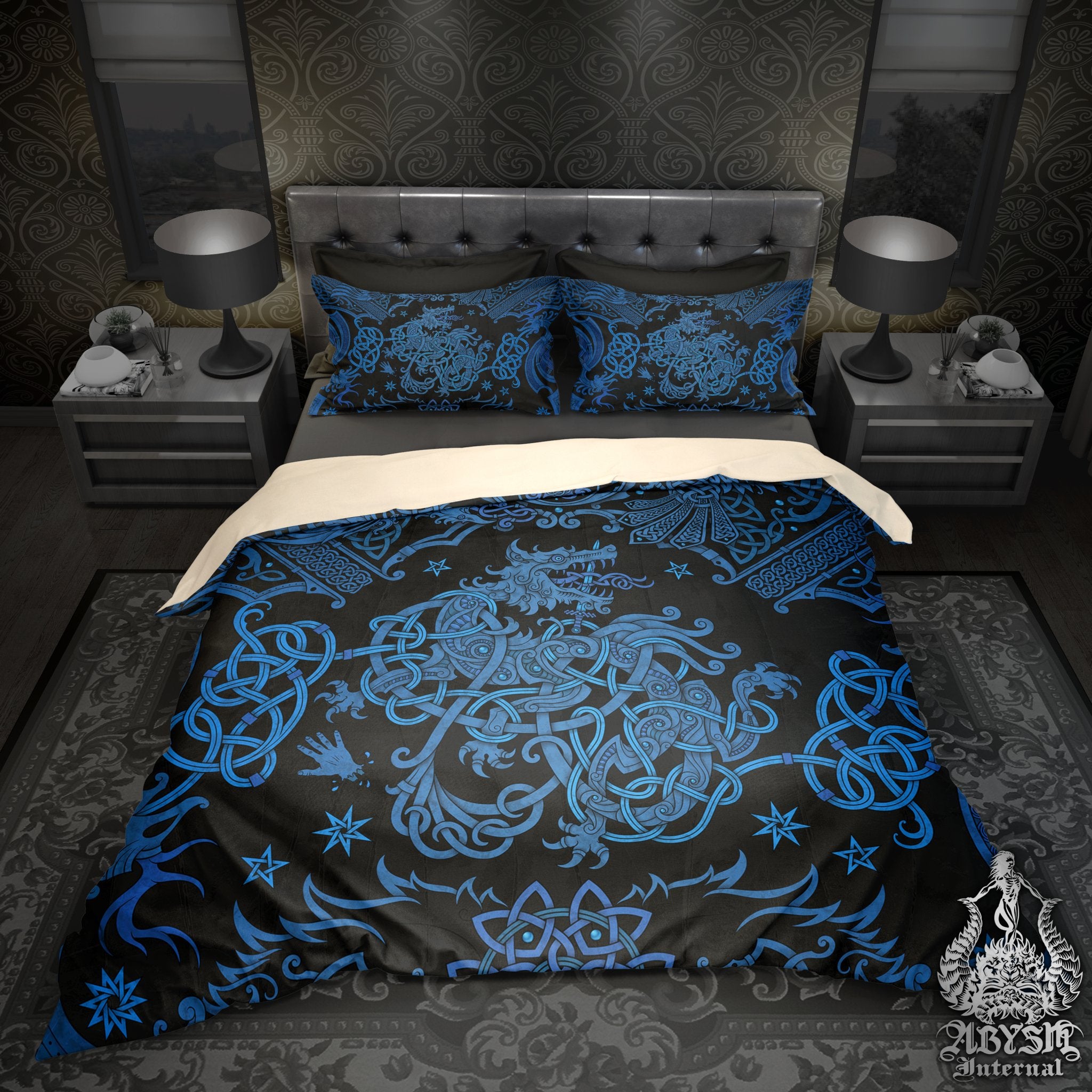 Fenrir Bedding Set, Comforter or Duvet, Viking Bed Cover and Bedroom Decor, Norse Wolf Art Print, King, Queen & Twin Size - Black and Blue - Abysm Internal