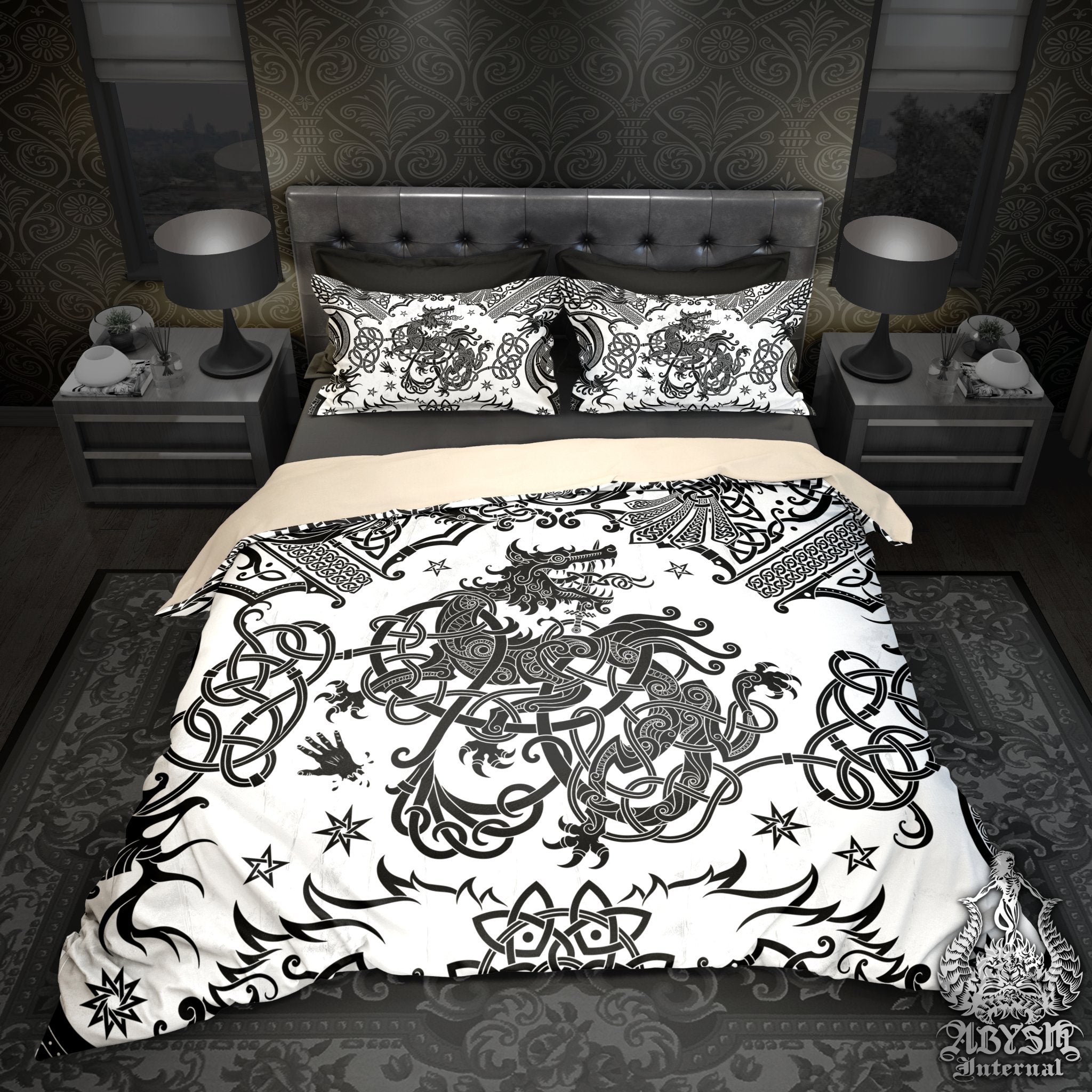 Fenrir Bedding Set, Comforter or Duvet, Viking Bed Cover and Bedroom Decor, Norse Wolf Art Print, King, Queen & Twin Size - Black and White - Abysm Internal