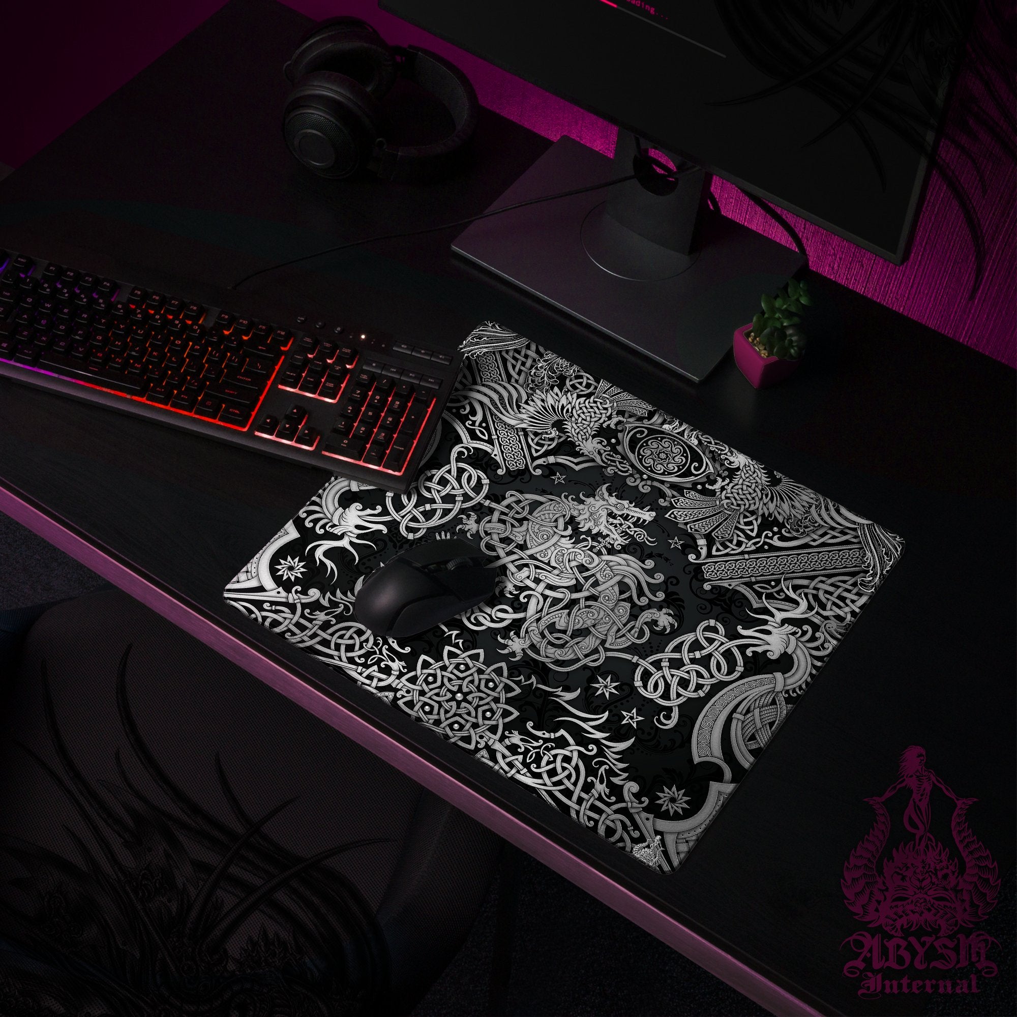 Fenrir Desk Mat, Nordic Wolf Gaming Mouse Pad, Viking Table Protector Cover, Norse Knotwork Workpad, Art Print - Abysm Internal
