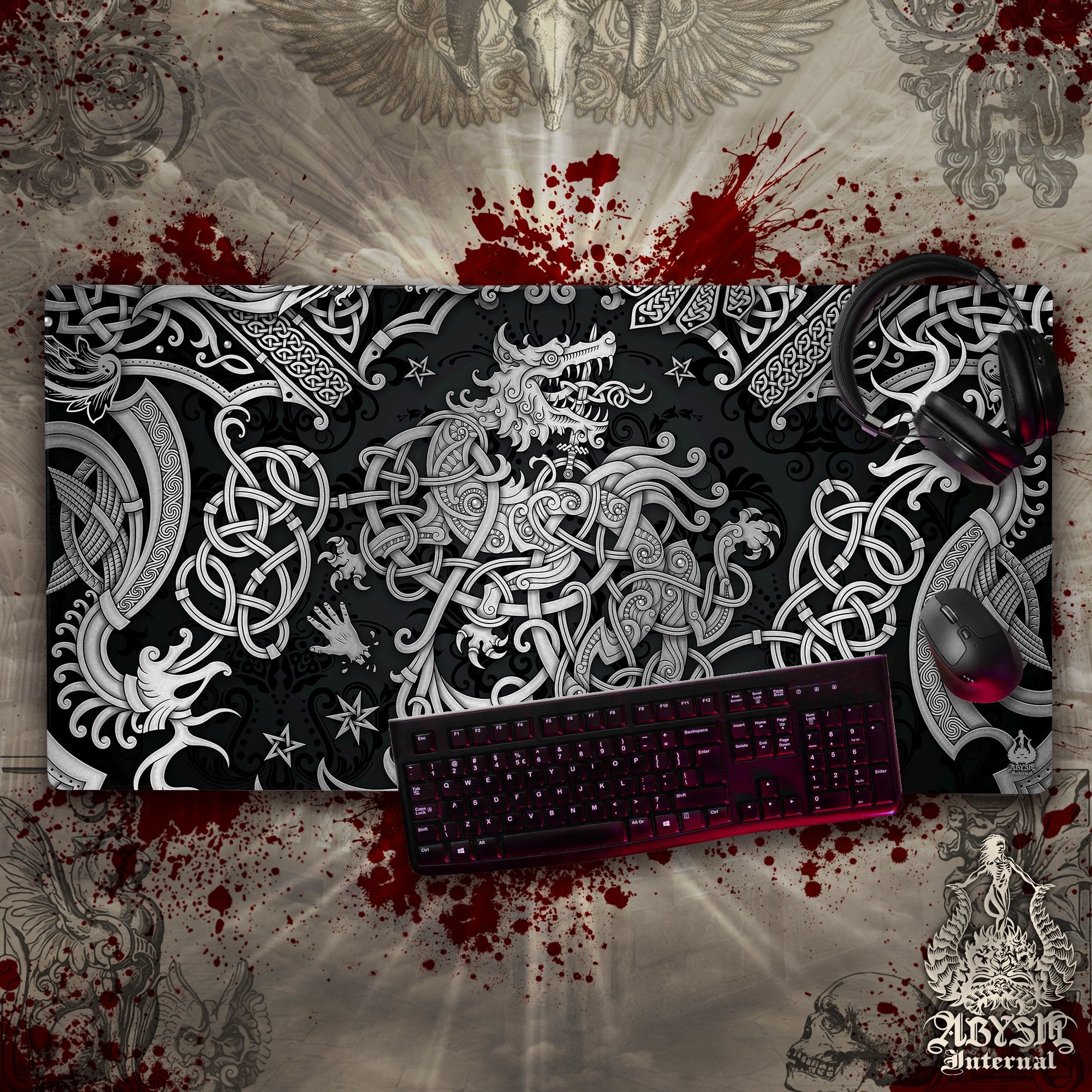 Fenrir Desk Mat, Nordic Wolf Gaming Mouse Pad, Viking Table Protector Cover, Norse Knotwork Workpad, Art Print - Abysm Internal