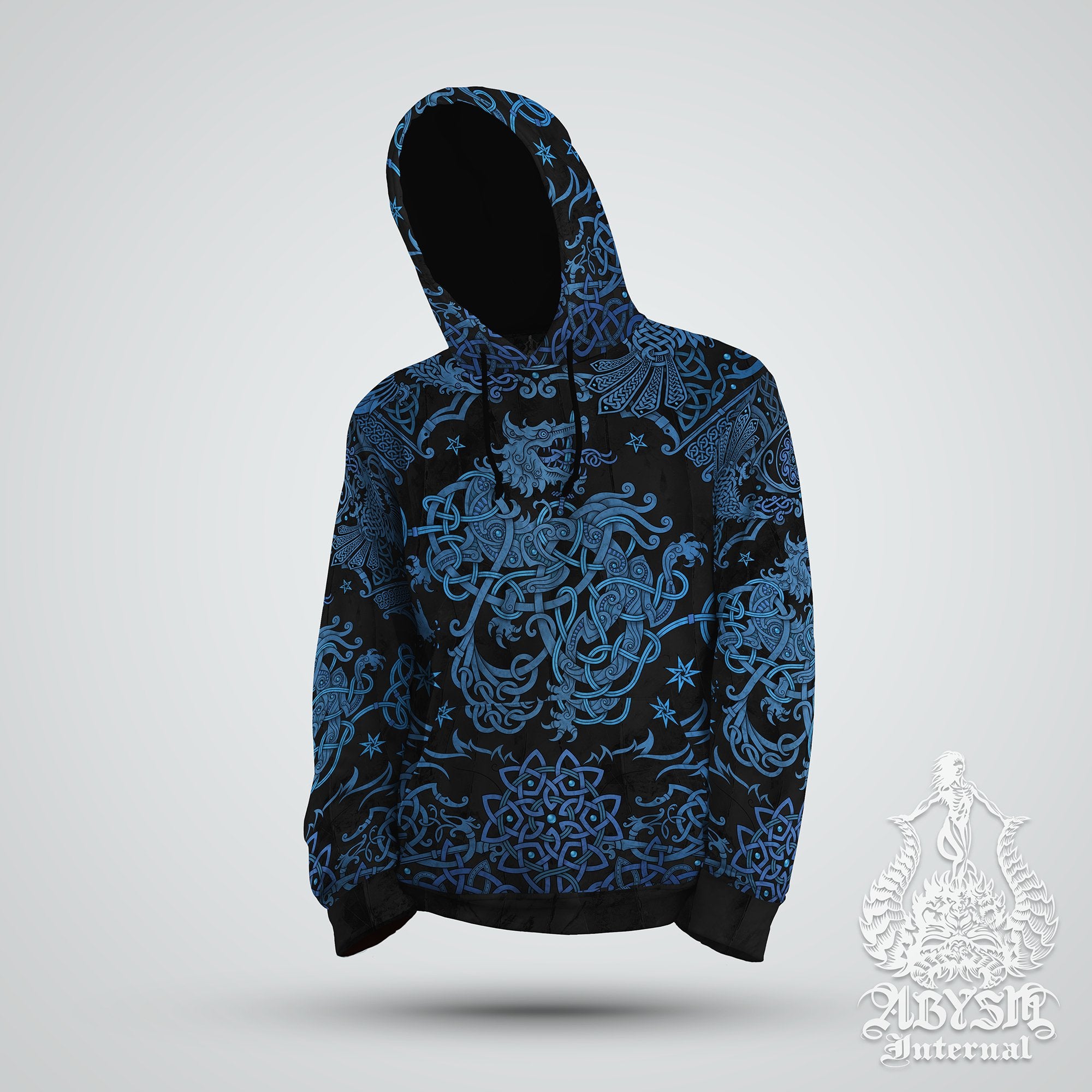 Fenrir Hoodie, Nordic Wolf Sweater, Viking Pullover, Norse Art Street Outfit, Pagan Knotwork Streetwear, Alternative Clothing, Unisex - Black Blue - Abysm Internal