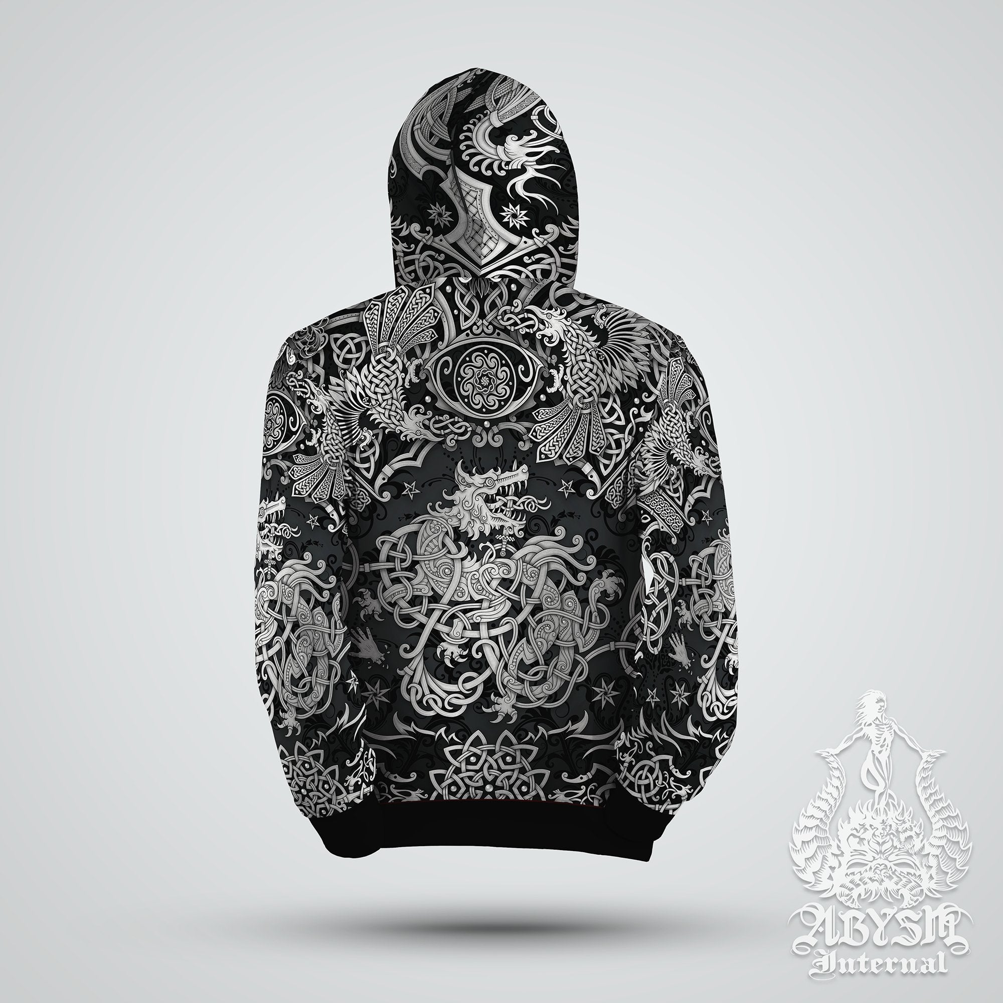 Fenrir Hoodie, Nordic Wolf Sweater, Viking Pullover, Norse Art Street Outfit, Pagan Knotwork Streetwear, Alternative Clothing, Unisex - Dark - Abysm Internal