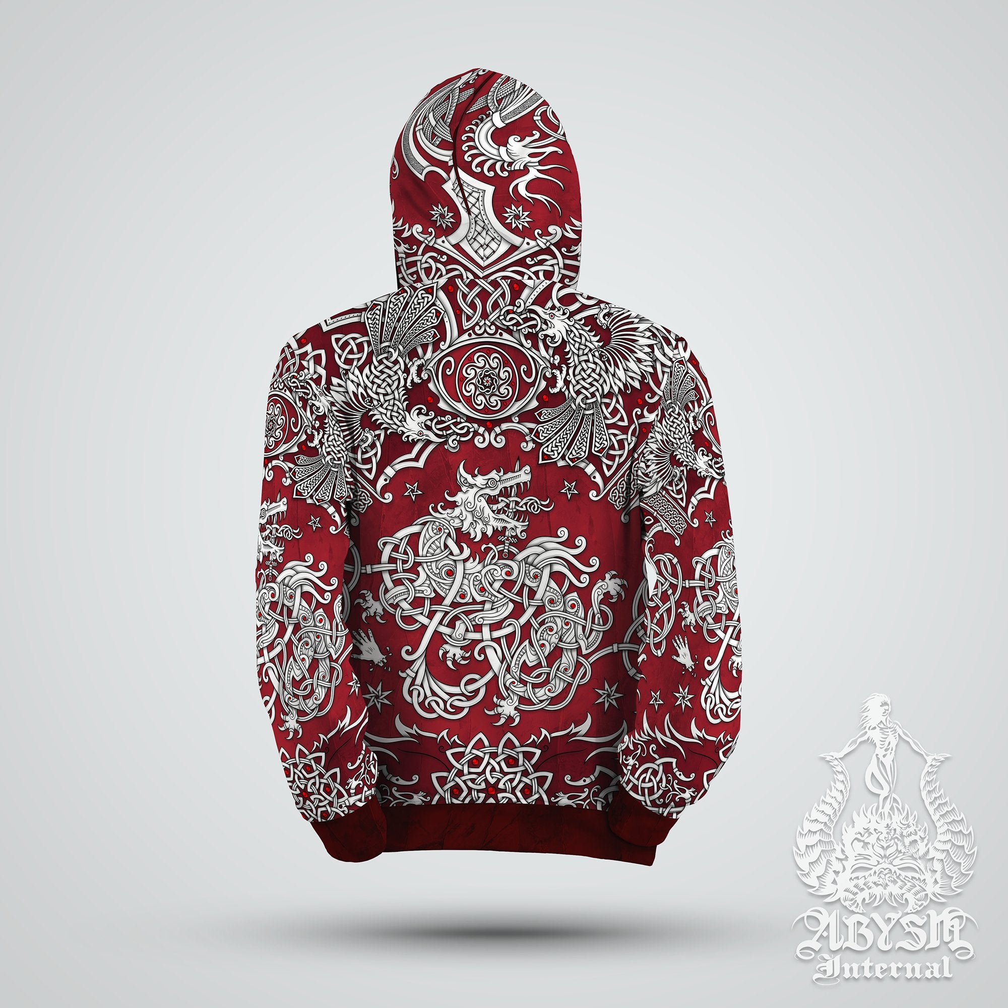 Fenrir Hoodie, Viking Wolf Sweater, Nordic Knotwork Pullover, Norse Art Street Outfit, Pagan Streetwear, Alternative Clothing, Unisex - White and Black, Red or Blue, 3 Colors - Abysm Internal