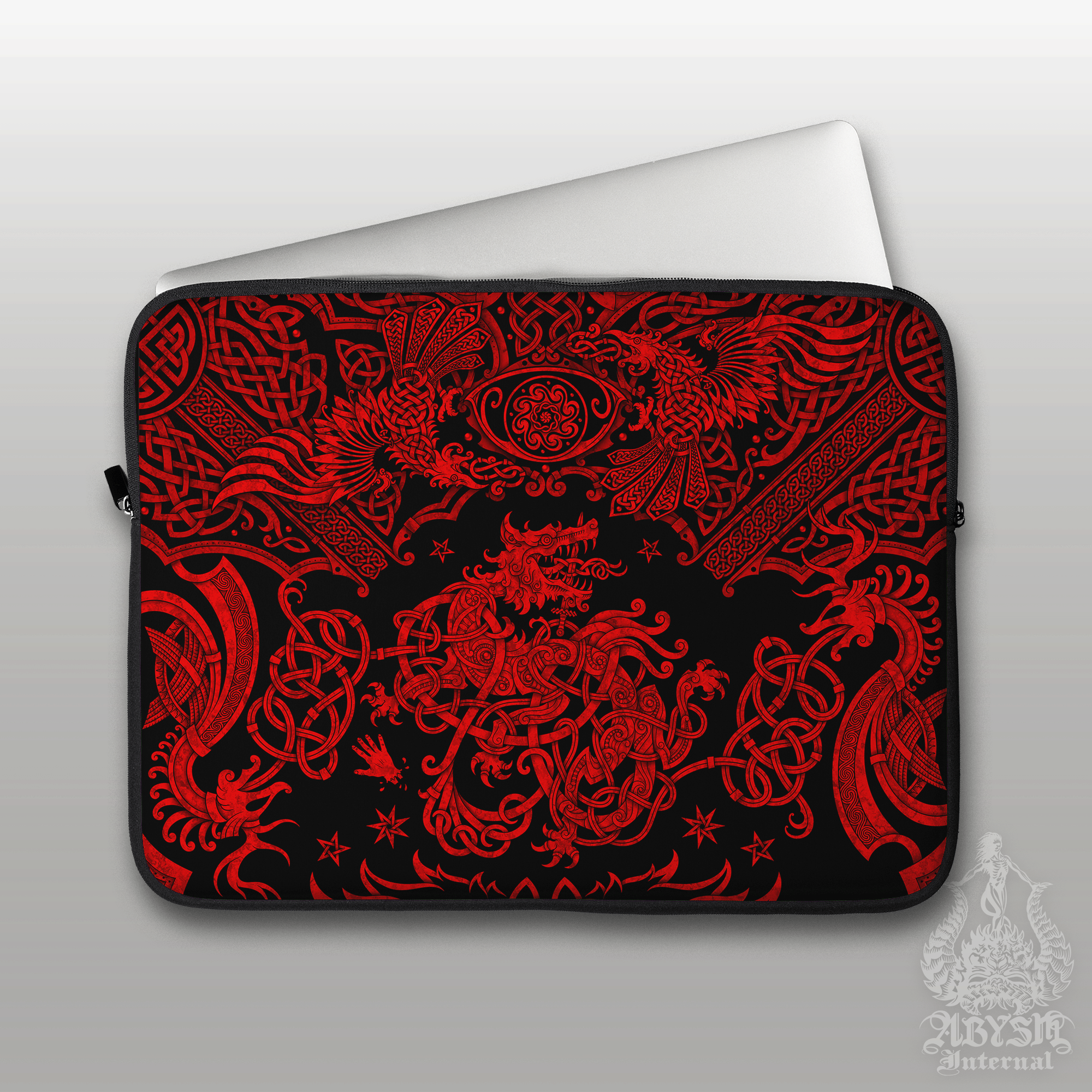 Fenrir Laptop Case – Viking Mythology, Nordic Wolf, Red And Black, 13" & 15", Norse Knotwork Art, Printed Padded Soft Sleeve - Abysm Internal