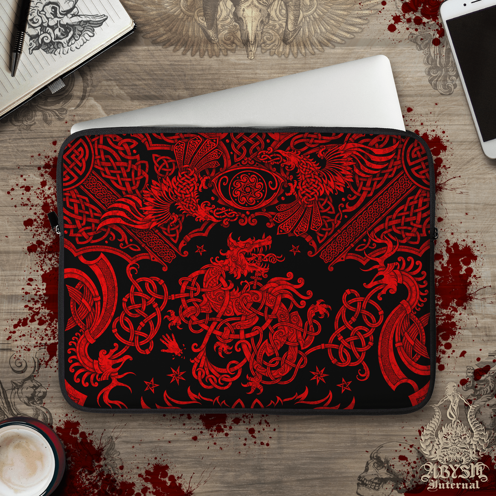Fenrir Laptop Case – Viking Mythology, Nordic Wolf, Red And Black, 13" & 15", Norse Knotwork Art, Printed Padded Soft Sleeve - Abysm Internal