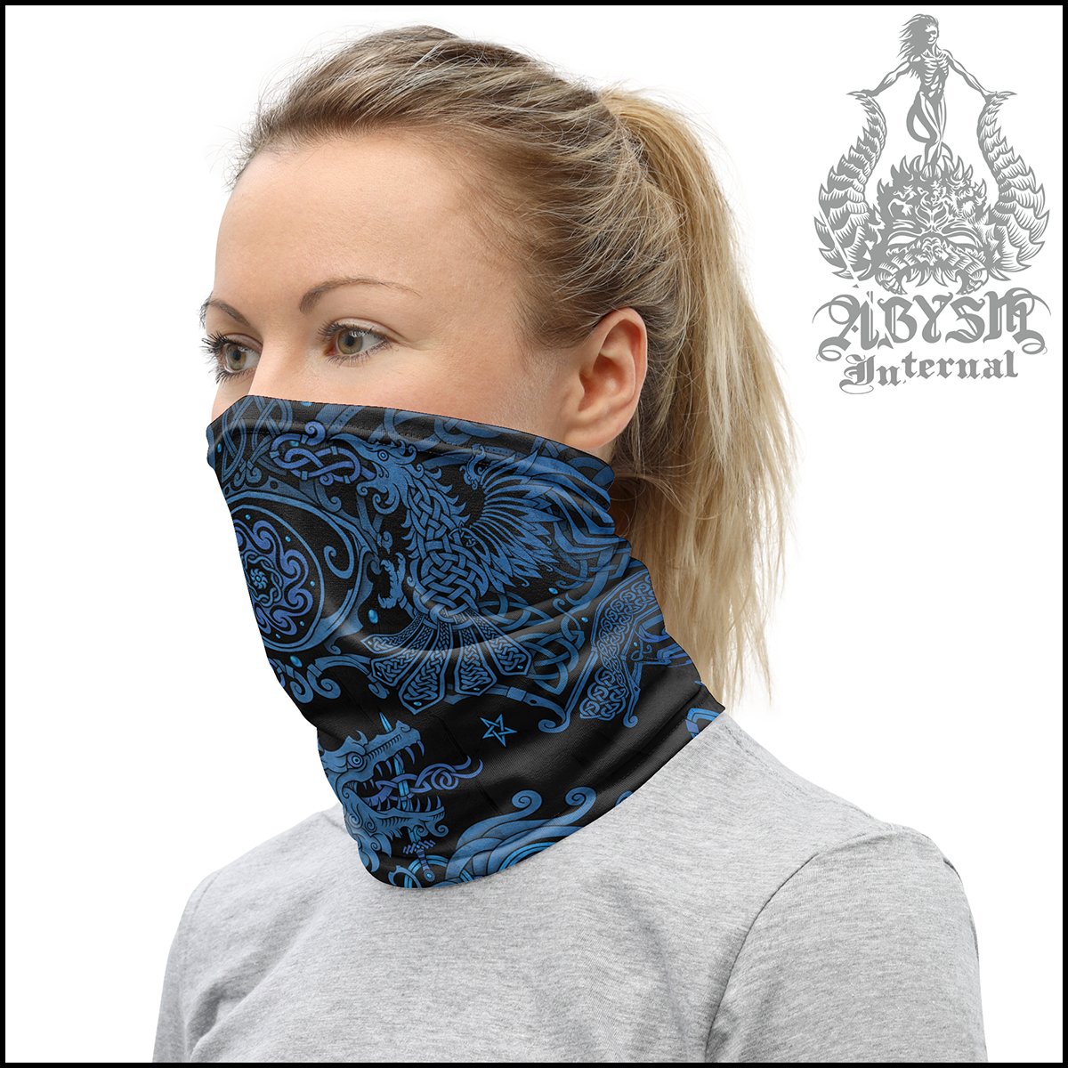 Fenrir Neck Gaiter, Nordic Art Face Mask, Viking Printed Head Covering, Norse Wolf - Blue Black - Abysm Internal