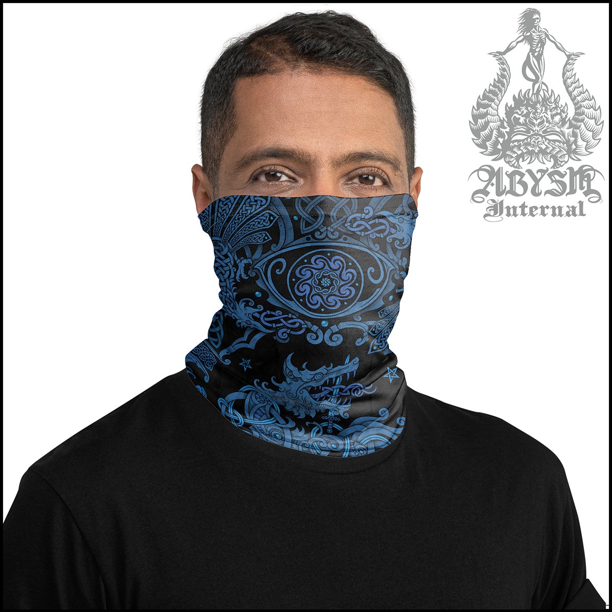 Fenrir Neck Gaiter, Nordic Art Face Mask, Viking Printed Head Covering, Norse Wolf - Blue Black - Abysm Internal