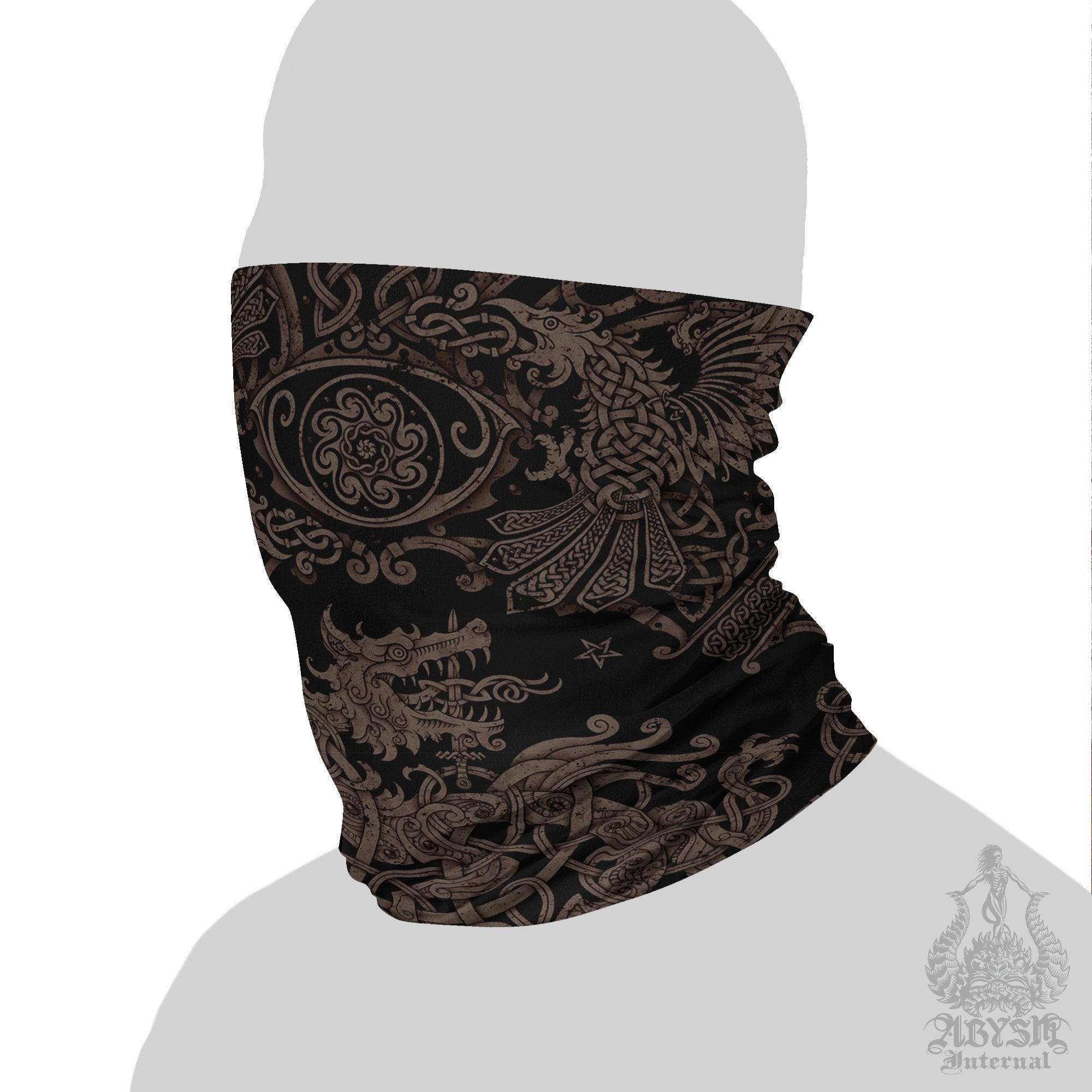 Fenrir Neck Gaiter, Norse Art Face Mask, Viking Printed Head Covering, Nordic Wolf - Black Grey Grit - Abysm Internal