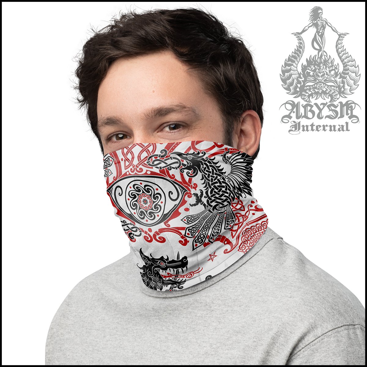 Fenrir Neck Gaiter, Norse Wolf Face Mask, Viking Printed Head Covering, Nordic Art - Black, White and Red, 2 Colors - Abysm Internal