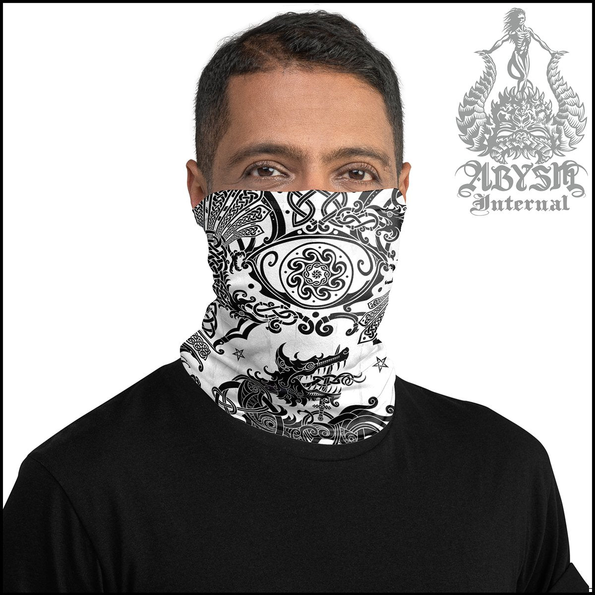 Fenrir Neck Gaiter, Norse Wolf Face Mask, Viking Printed Head Covering, Nordic Art - Black, White and Red, 2 Colors - Abysm Internal
