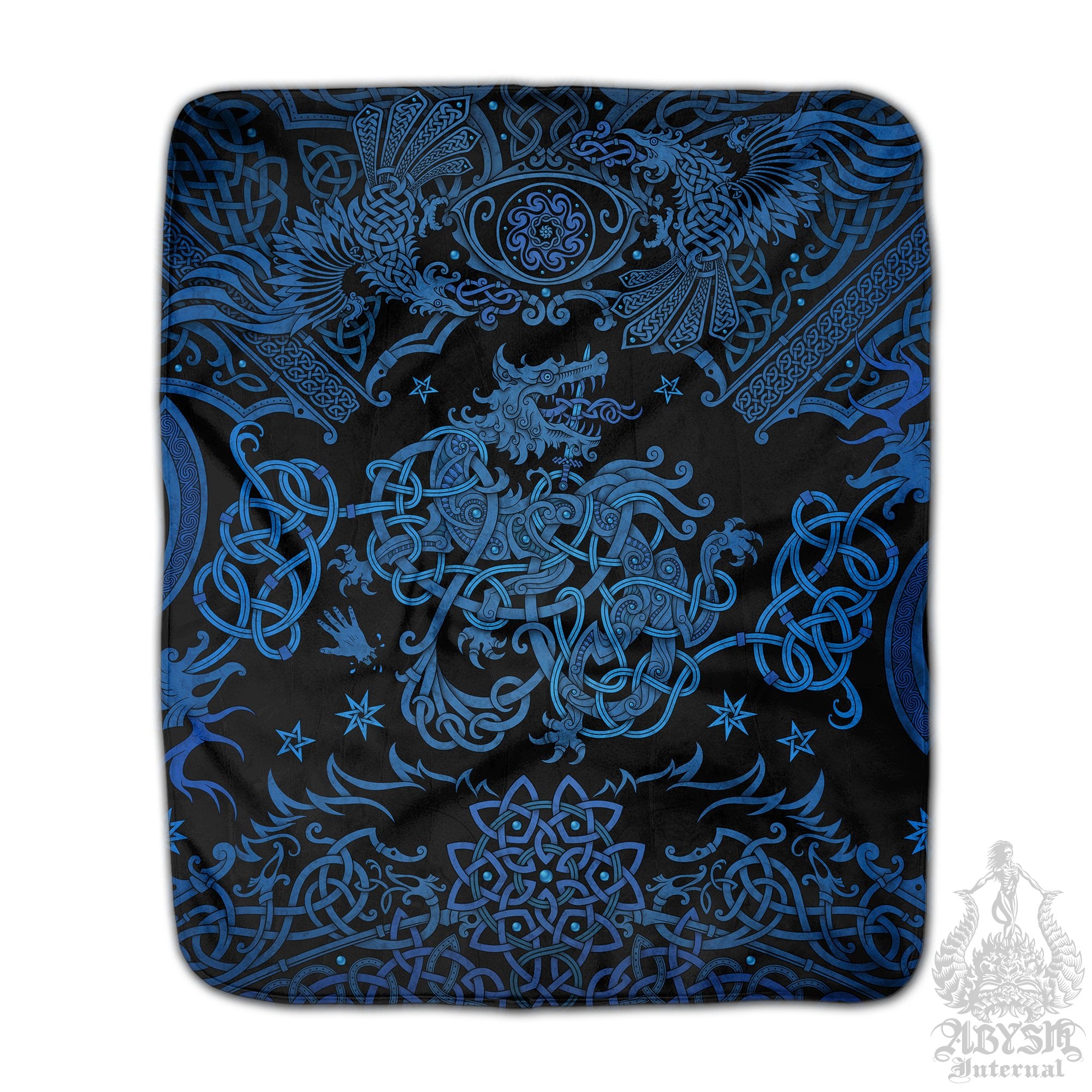 Fenrir Sherpa Fleece Throw Blanket, Viking Mythology Decor, Nordic Wolf, Norse Art Gift - Black Blue - Abysm Internal