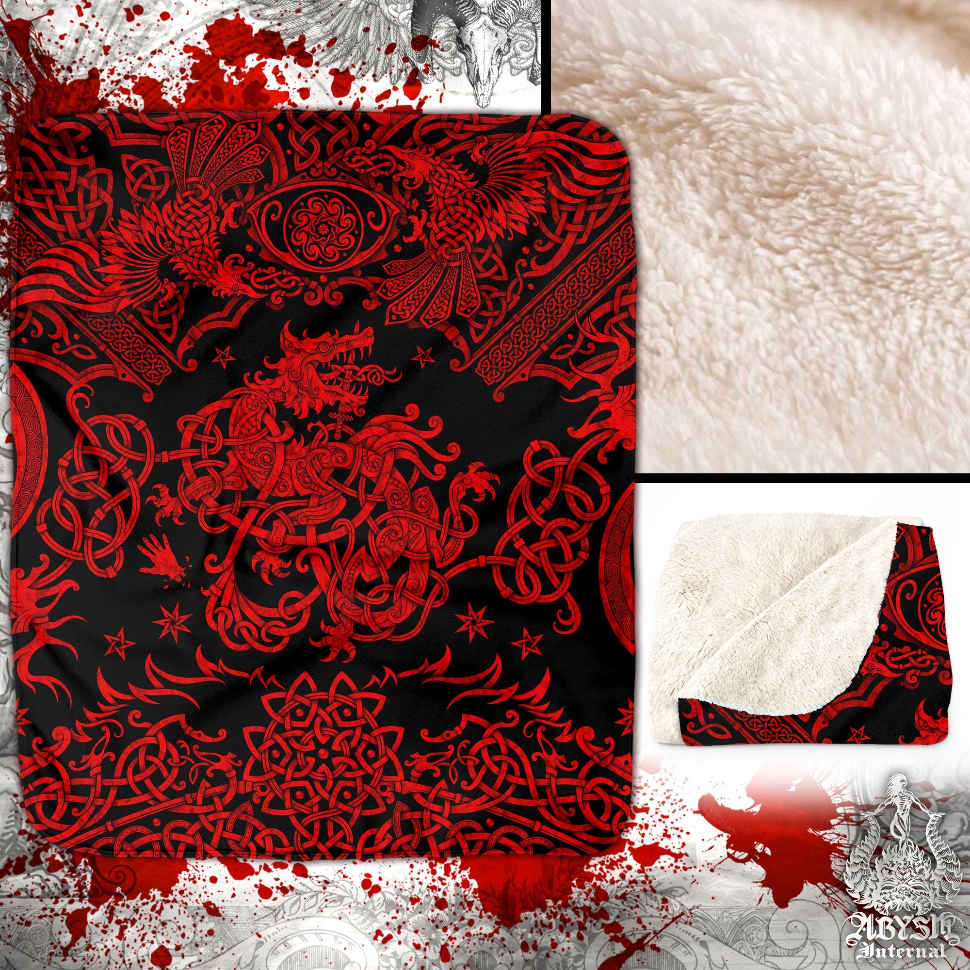 Fenrir Sherpa Fleece Throw Blanket, Viking Mythology Decor, Nordic Wolf, Norse Art Gift - Red Black - Abysm Internal
