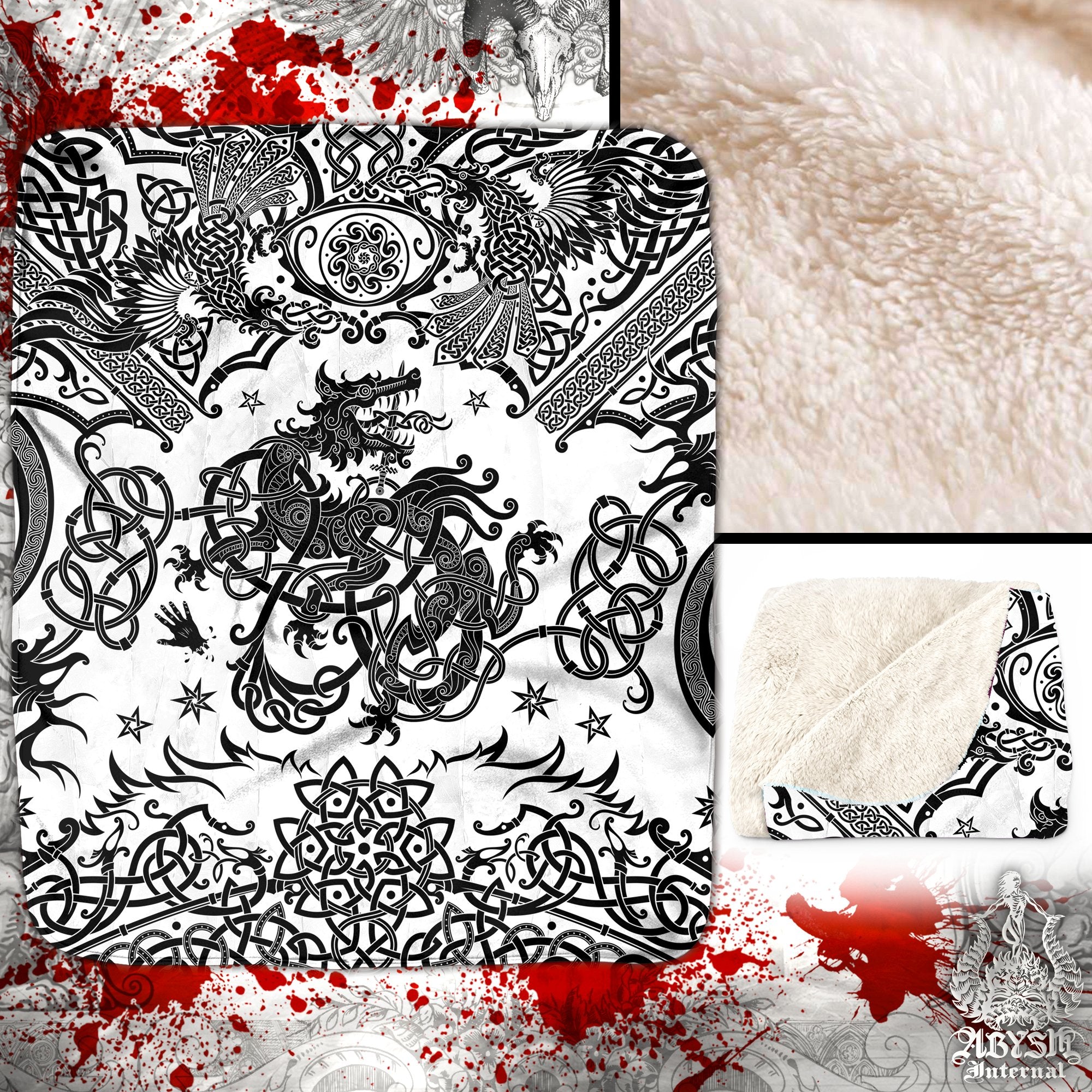 Fenrir Sherpa Fleece Throw Blanket, Viking Mythology Decor, Norse Wolf, Nordic Art Gift - Black White - Abysm Internal