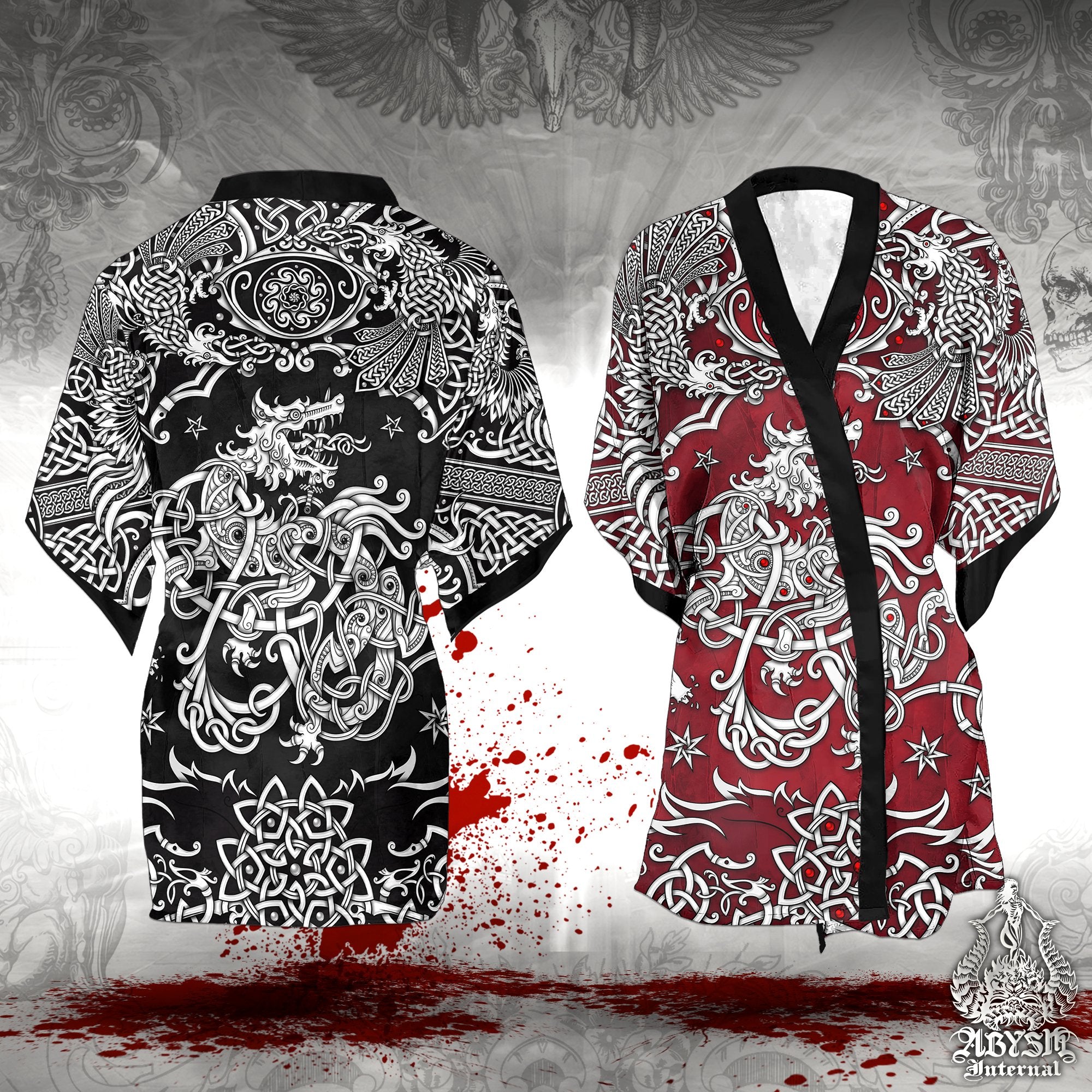 Fenrir Short Kimono Robe, Beach Party Outfit, Viking Wolf Coverup, Alternative Festival, Summer Clothing, Unisex - 3 Colors: Black, Red, Blue - Abysm Internal