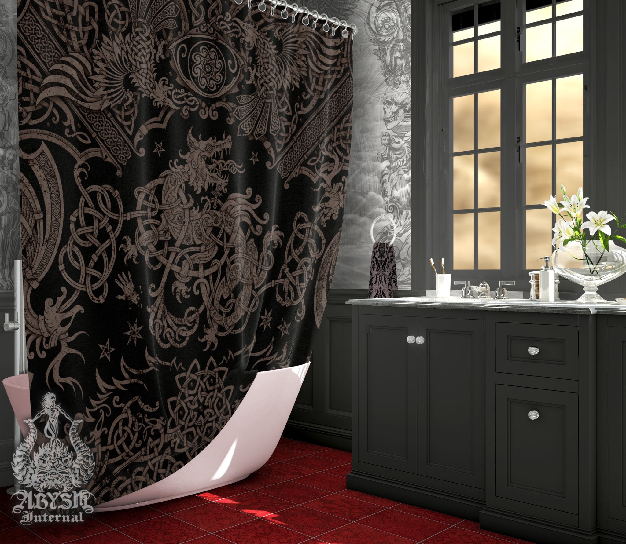 Fenrir Shower Curtain, 71x74 inches, Viking Bathroom Decor, Nordic Wolf Art Print, Old Norse Mythology - Black Grey Grit - Abysm Internal