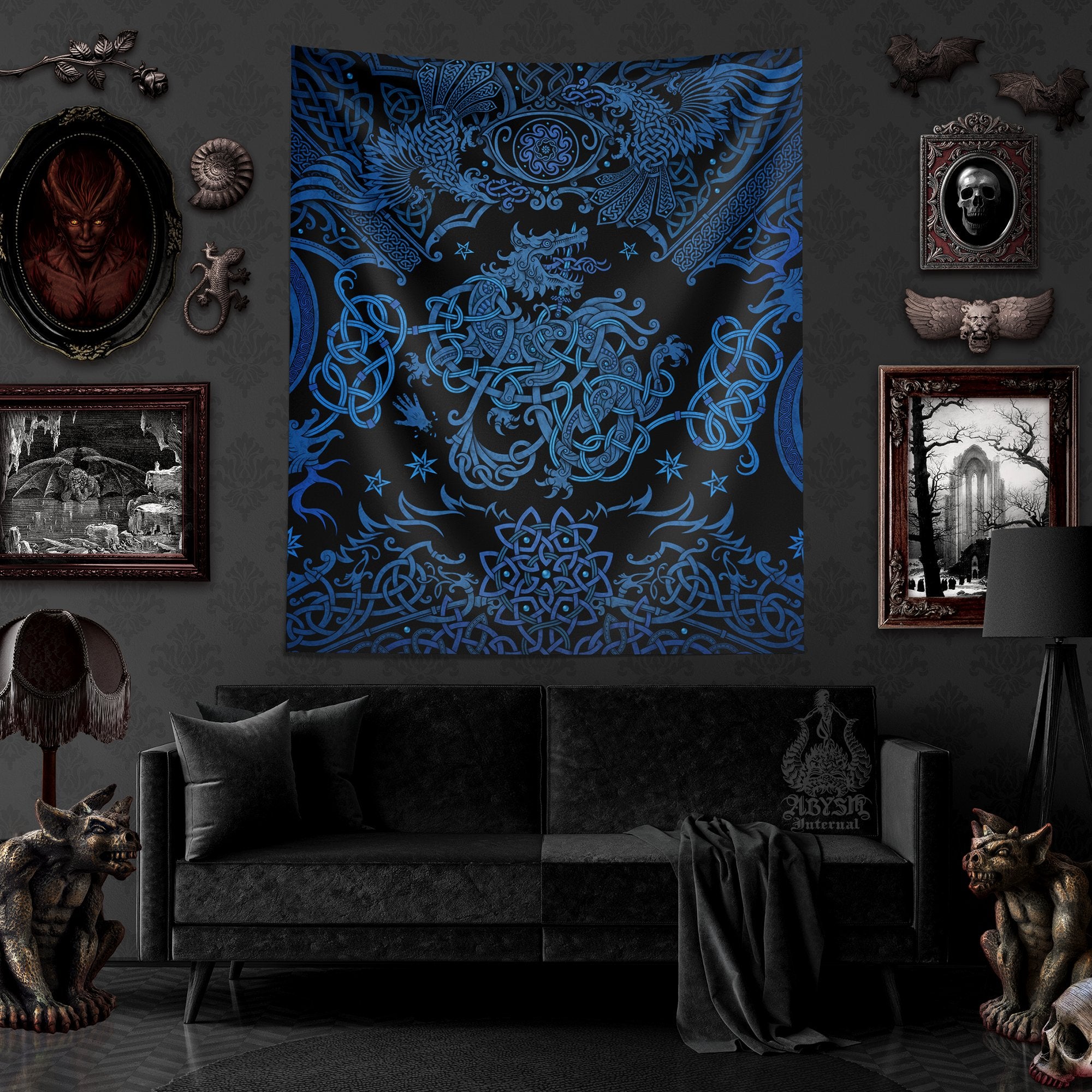 Fenrir Tapestry, Norse Wolf Wall Hanging, Nordic Mythology Art, Viking Home Decor, Vertical Print - Blue Black - Abysm Internal
