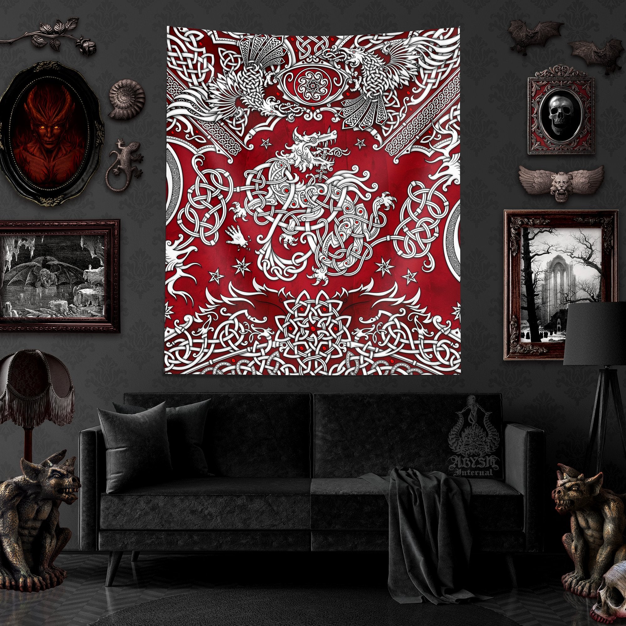Fenrir Tapestry, Norse Wolf Wall Hanging, Nordic Mythology Art, Viking Home Decor, Vertical Print - White and 3 Colors - Abysm Internal