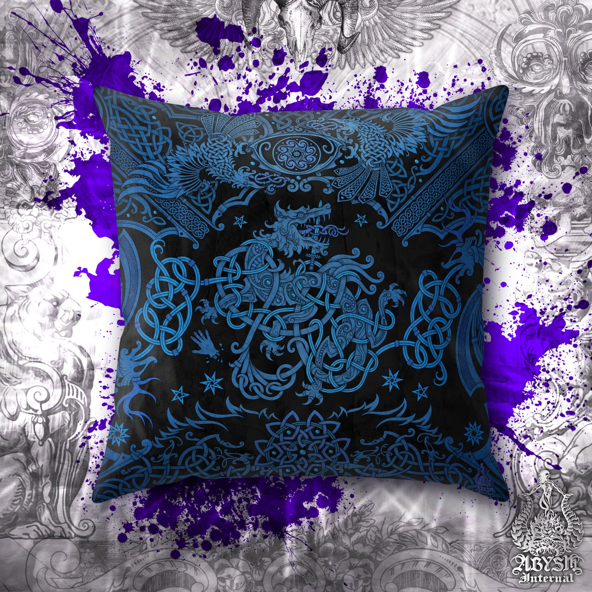 Fenrir Throw Pillow, Decorative Accent Pillow, Square Cushion Cover, Viking Wolf Room Decor, Norse Knotwork, Nordic Art, Alternative Home - Black and Blue - Abysm Internal