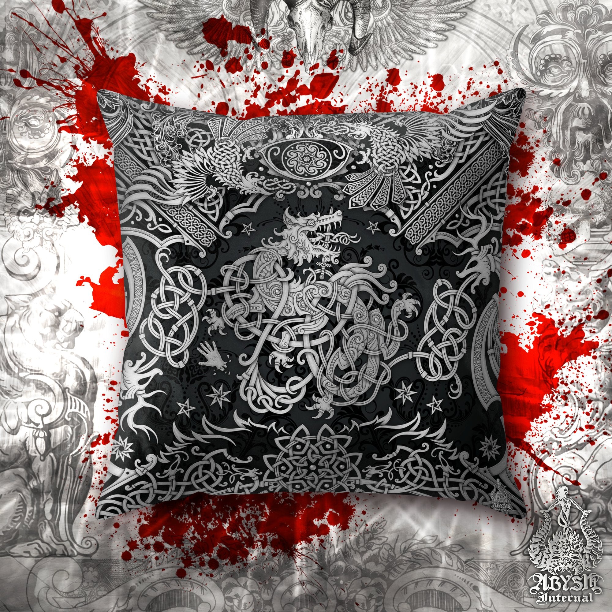 Fenrir Throw Pillow, Decorative Accent Pillow, Square Cushion Cover, Viking Wolf Room Decor, Norse Knotwork, Nordic Art, Alternative Home - Dark - Abysm Internal