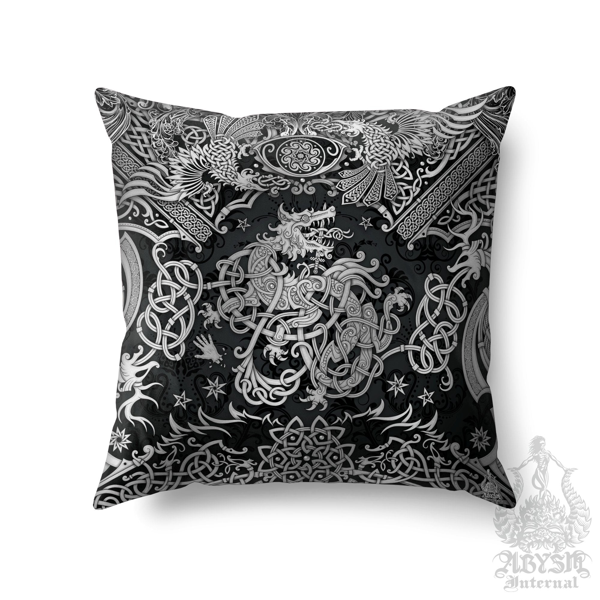 Fenrir Throw Pillow, Decorative Accent Pillow, Square Cushion Cover, Viking Wolf Room Decor, Norse Knotwork, Nordic Art, Alternative Home - Dark - Abysm Internal