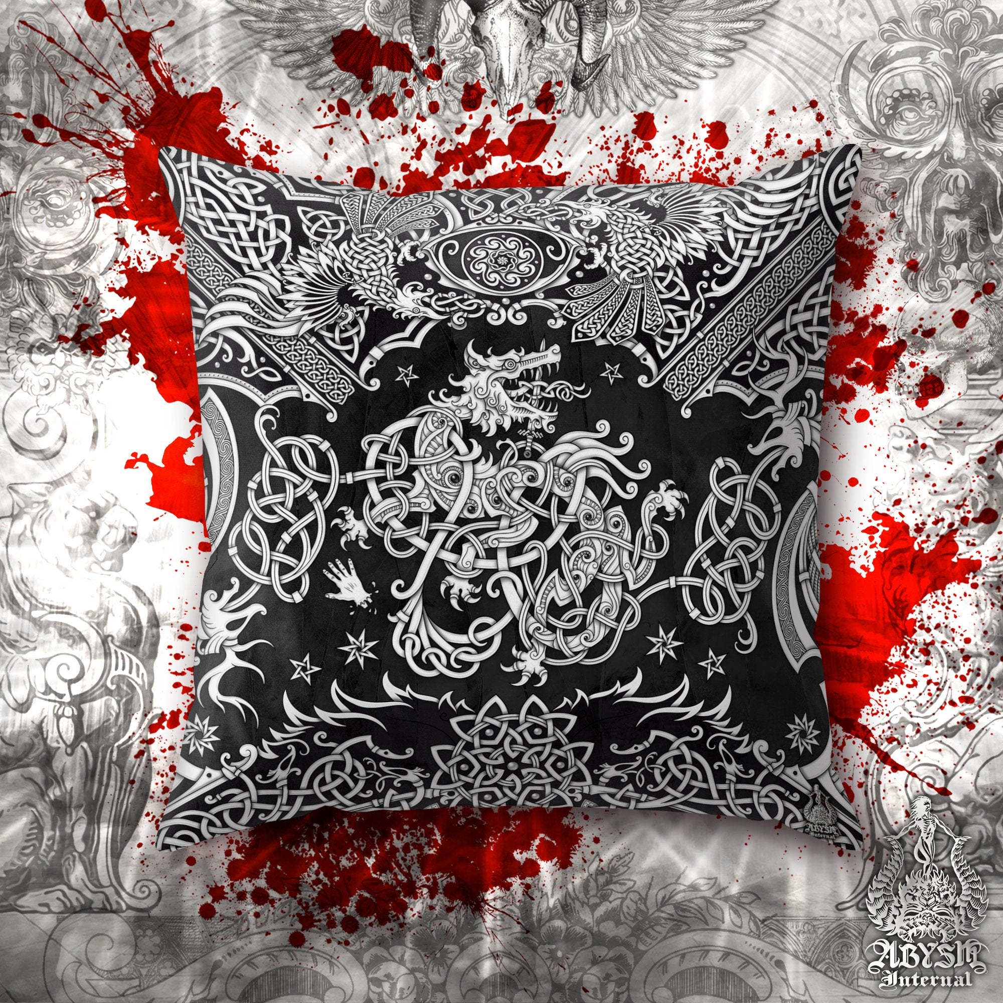 Fenrir Throw Pillow, Decorative Accent Pillow, Square Cushion Cover, Viking Wolf Room Decor, Norse Knotwork, Nordic Art, Alternative Home - White & 3 Colors - Abysm Internal