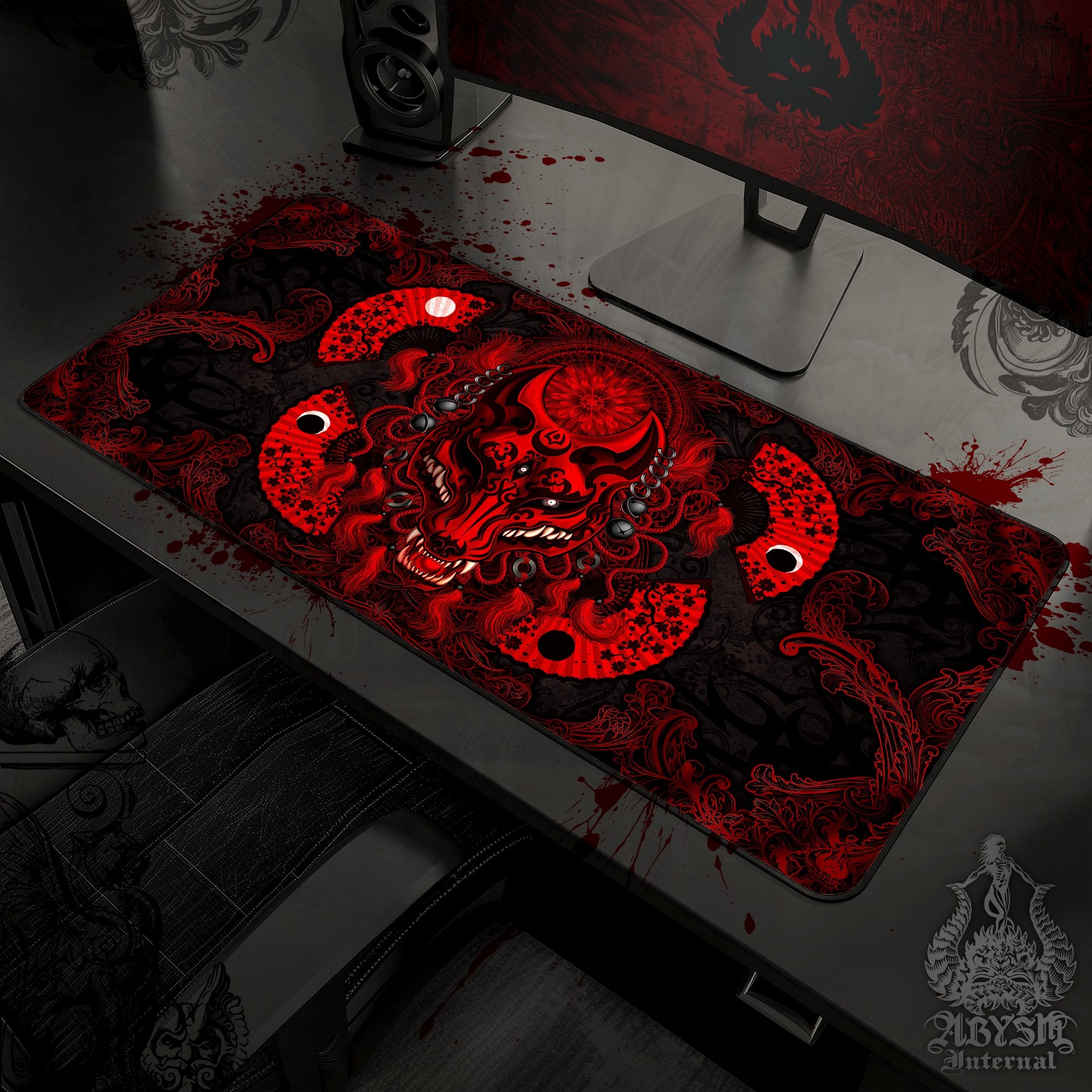 Fox Mask Gaming Mouse Pad, Kitsune Desk Mat, Japanese Wolf Table Protector Cover, Anime Youkai Workpad, Bloody Gothic Manga Okami Art Print - Black Red - Abysm Internal