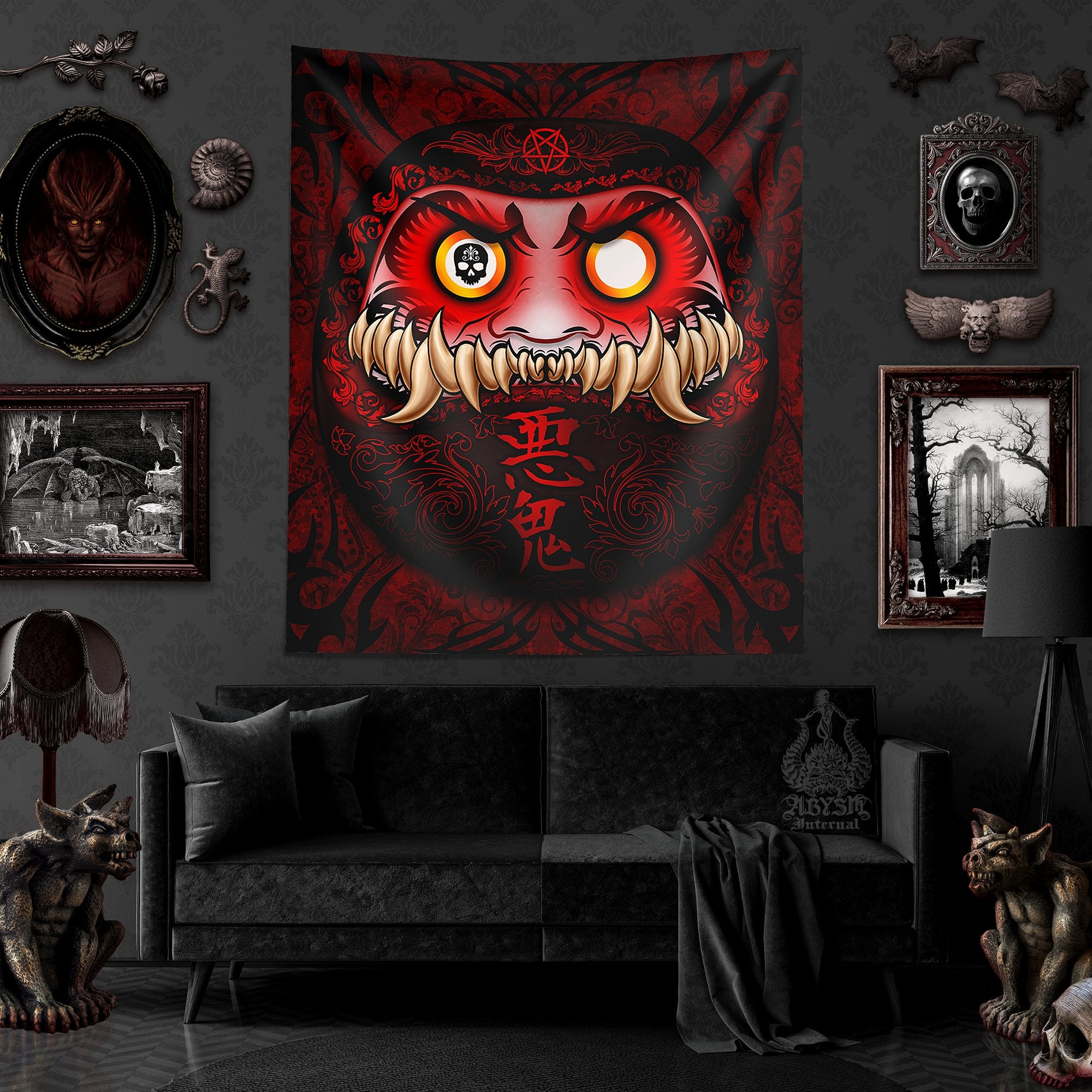Funny Daruma Monster Tapestry, Anime Vertical Art Print, Japanese Decor - Demon - Abysm Internal