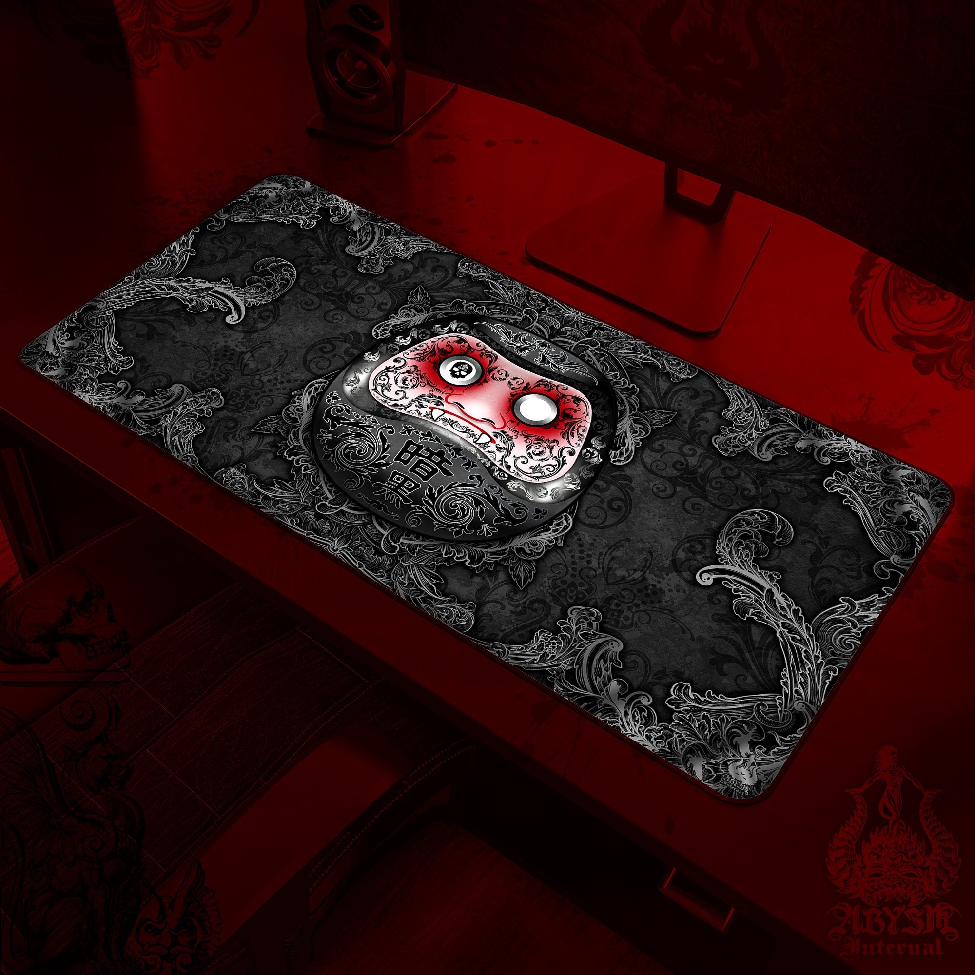 Gaming Desk Mat, Funny Daruma Mouse Pad, Gothic Table Protector Cover, Black Workpad, Dark Japanese Art Print - 2 Colors - Abysm Internal
