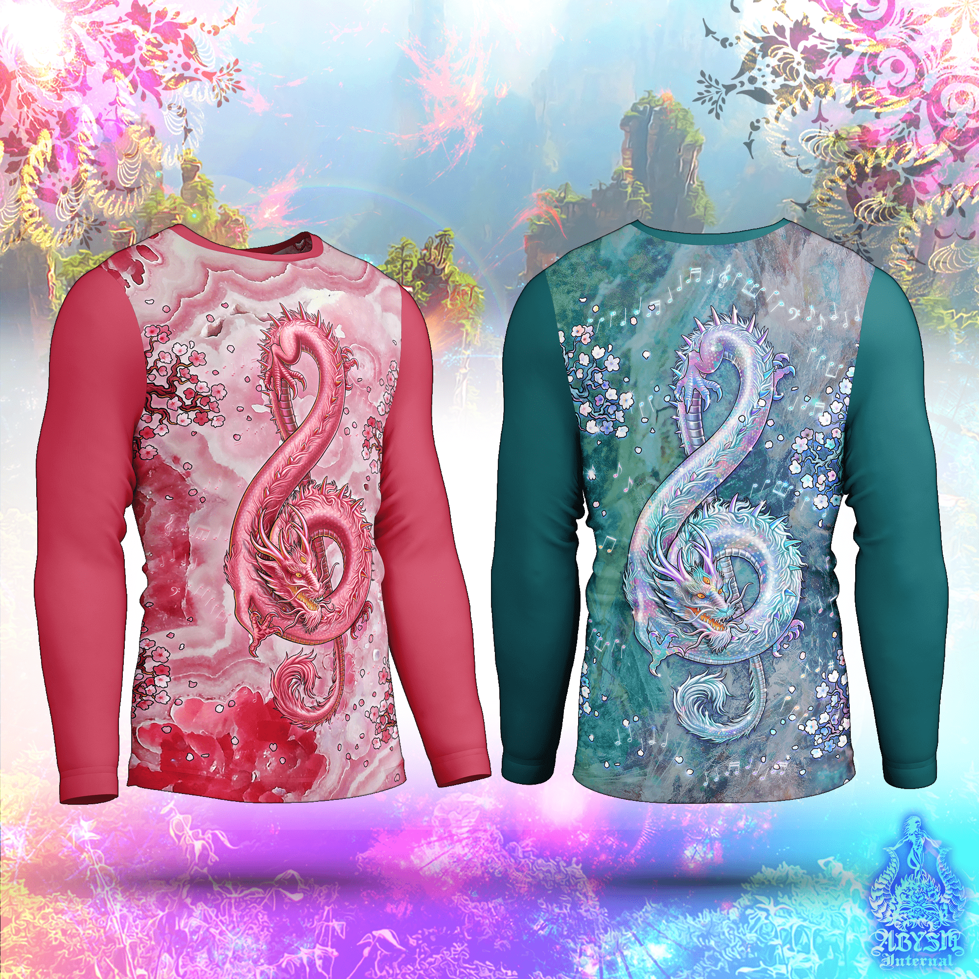 Gemstone Dragon Rash Guard - Music Treble Clef Long Sleeve Surf Shirt, Asian Water Sports Top | Fantasy Art UV Protection Activewear for Men and Women, 8 Colors - Abysm Internal