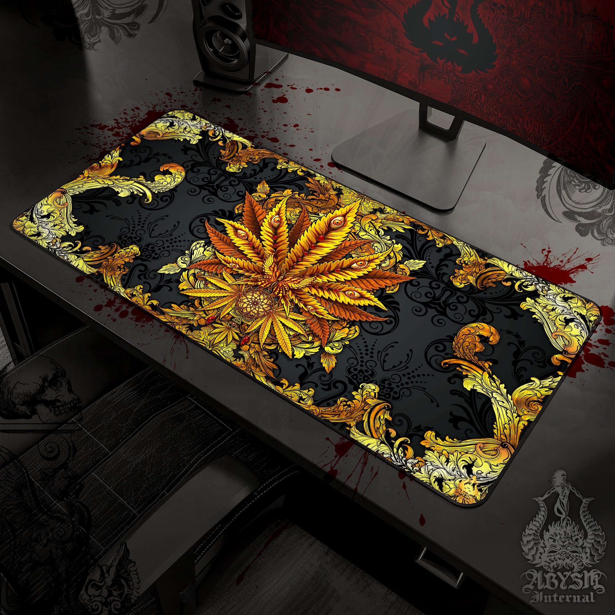 Gold Cannabis Desk Mat, Weed Gaming Mouse Pad, Marijuana Table Protector Cover, 420 Workpad, Art Print - Abysm Internal