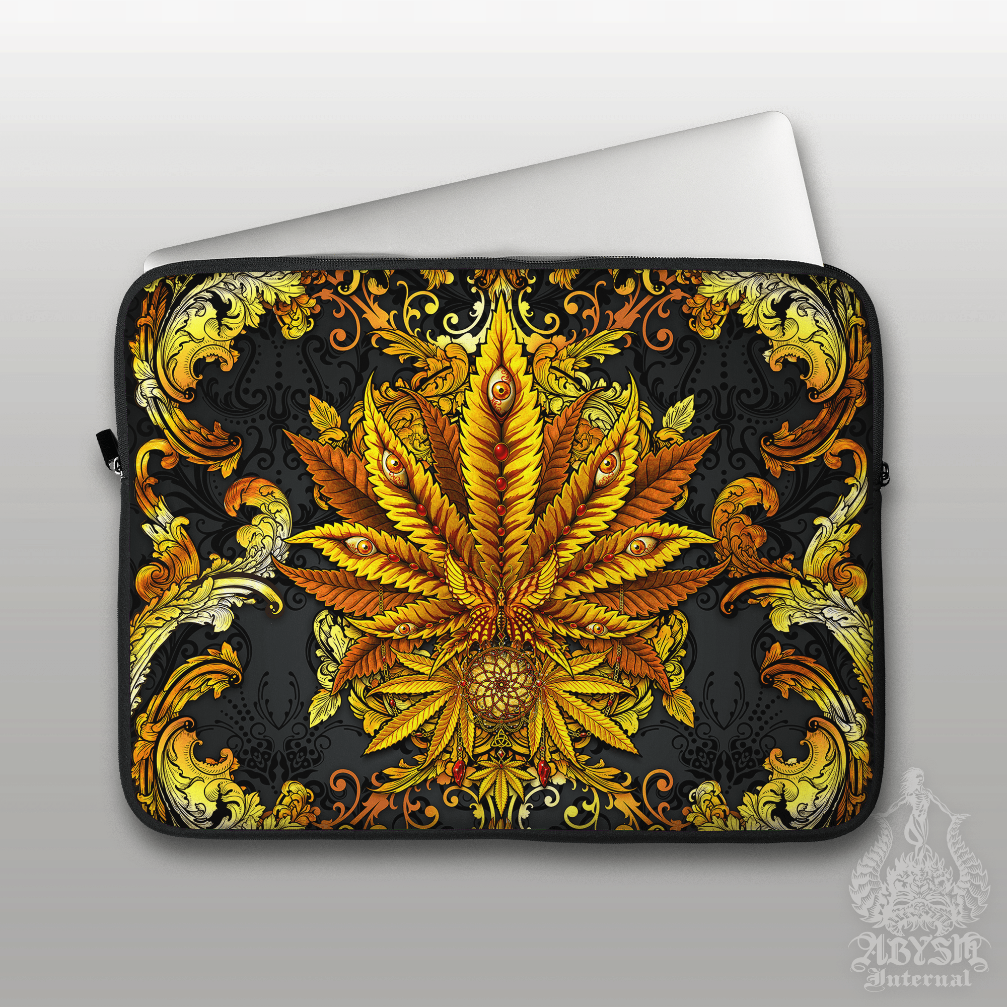Gold Cannabis Laptop Case – Marijuana Leaf, Baroque Ornaments, 13" & 15", Trippy 420 Weed Art, Printed Padded Soft Sleeve - Abysm Internal