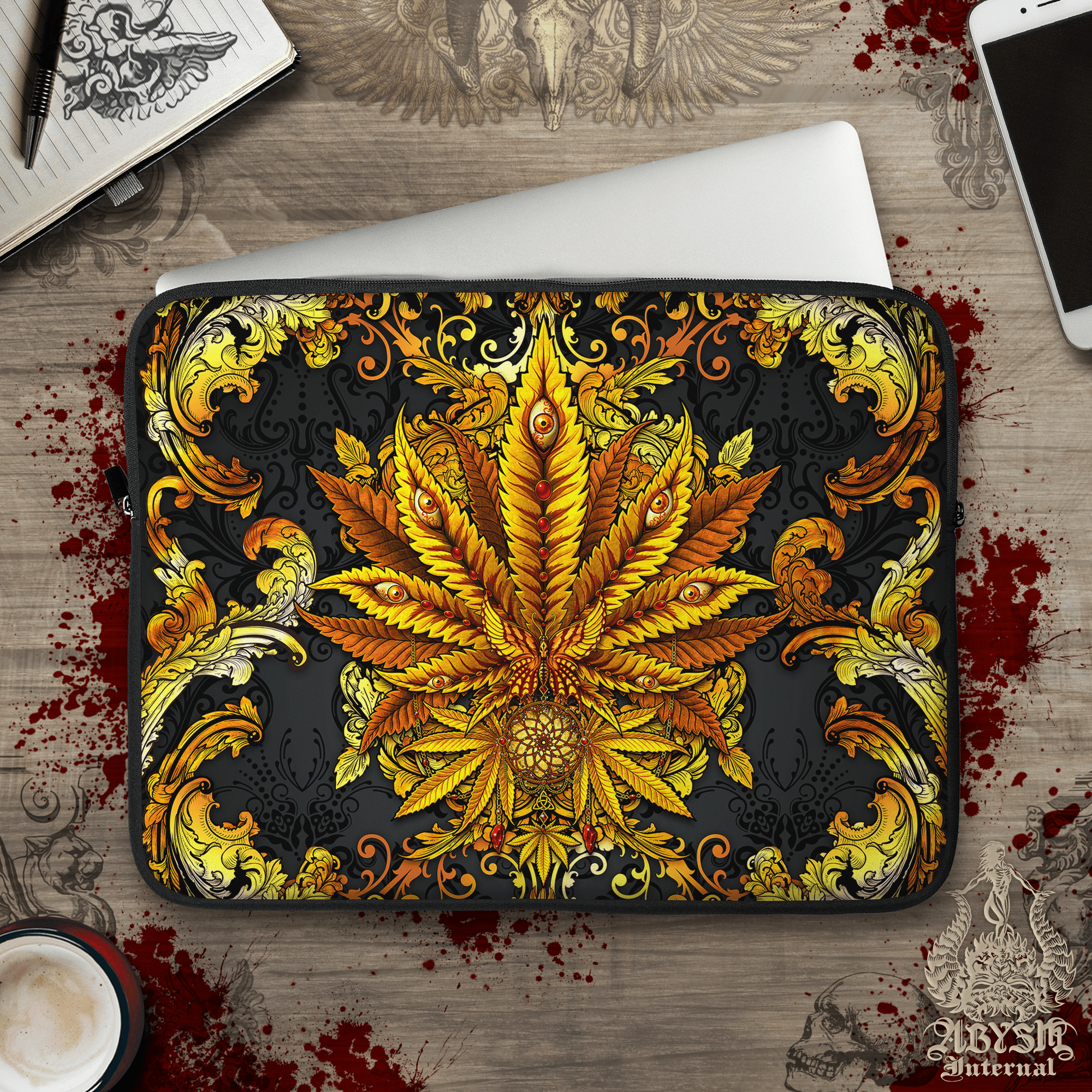 Gold Cannabis Laptop Case – Marijuana Leaf, Baroque Ornaments, 13" & 15", Trippy 420 Weed Art, Printed Padded Soft Sleeve - Abysm Internal