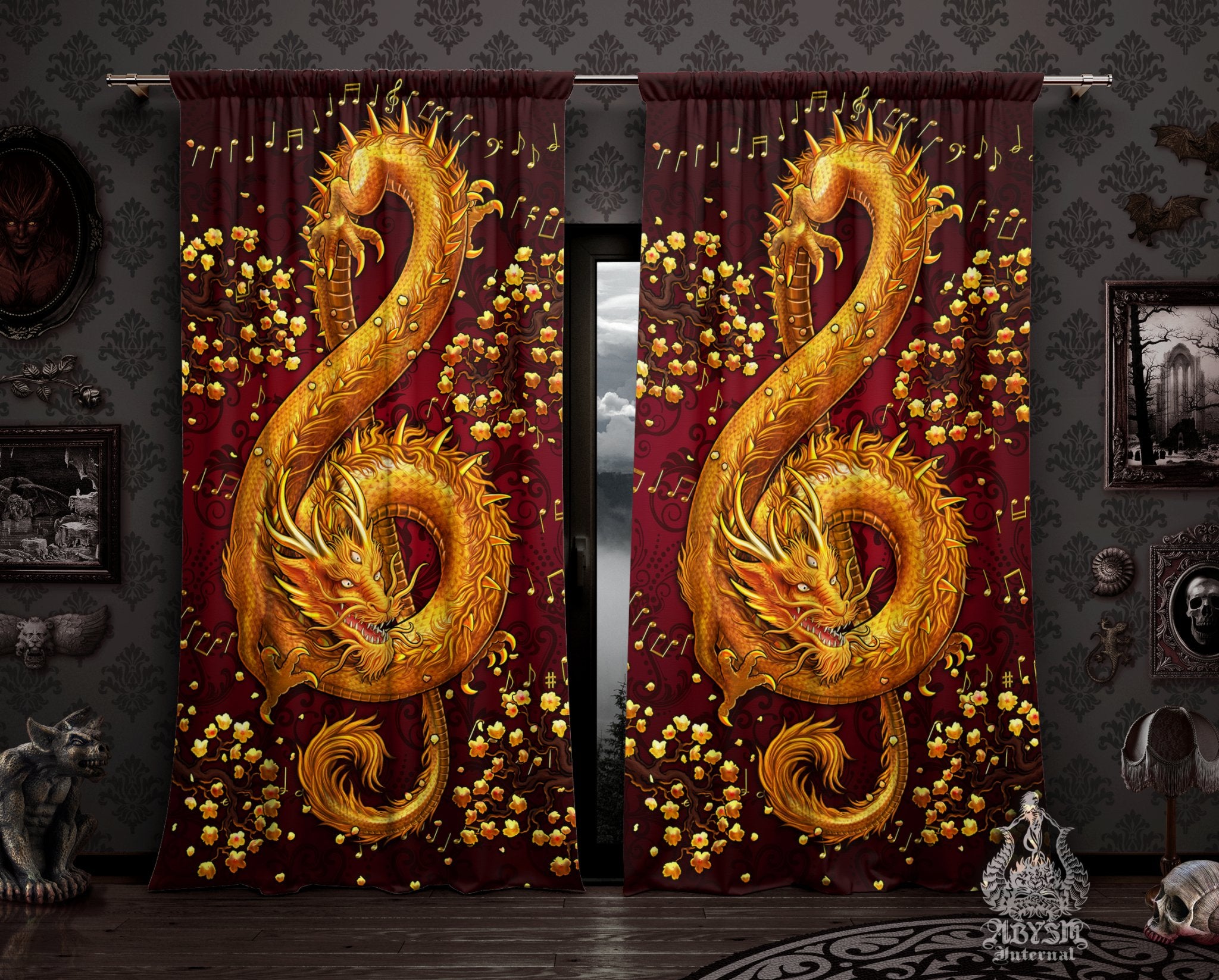Gold Dragon Curtains, 50x84' Printed Window Panels, Treble Clef, Music Art Print, Elegant Room Decor - Red - Abysm Internal